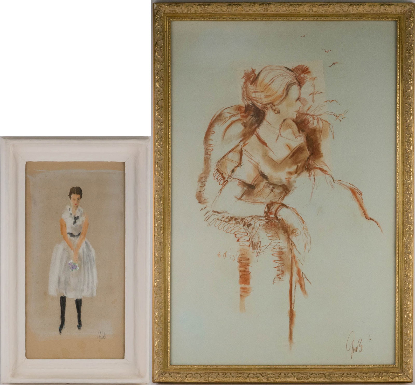 Two Portraits of Women, Mixed Media on Paper: Two Portraits of Women Mixed Media on Paper Both signed illegibly by the same artist. Sights: 35 1/2 x 23 1/4 and 19 1/2 x 10 1/4, Frames: 39 x 27 and 24 1/2 x 15