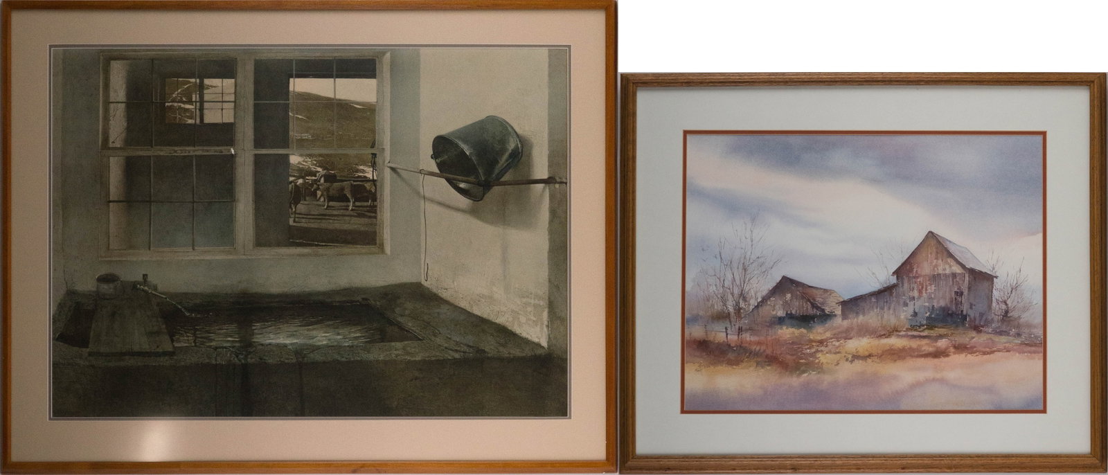 W. Knott, Barn in Landscape, Watercolor on Paper: W. Knott Barn in Landscape Watercolor on Paper Signed l.l. Together with a print of the view of a farm from a window. Sights: 17 x 21 and 24 3/4 x 34 1/2, Frames: 24 3/4 x 28 3/4 and 32 x 41 1/2