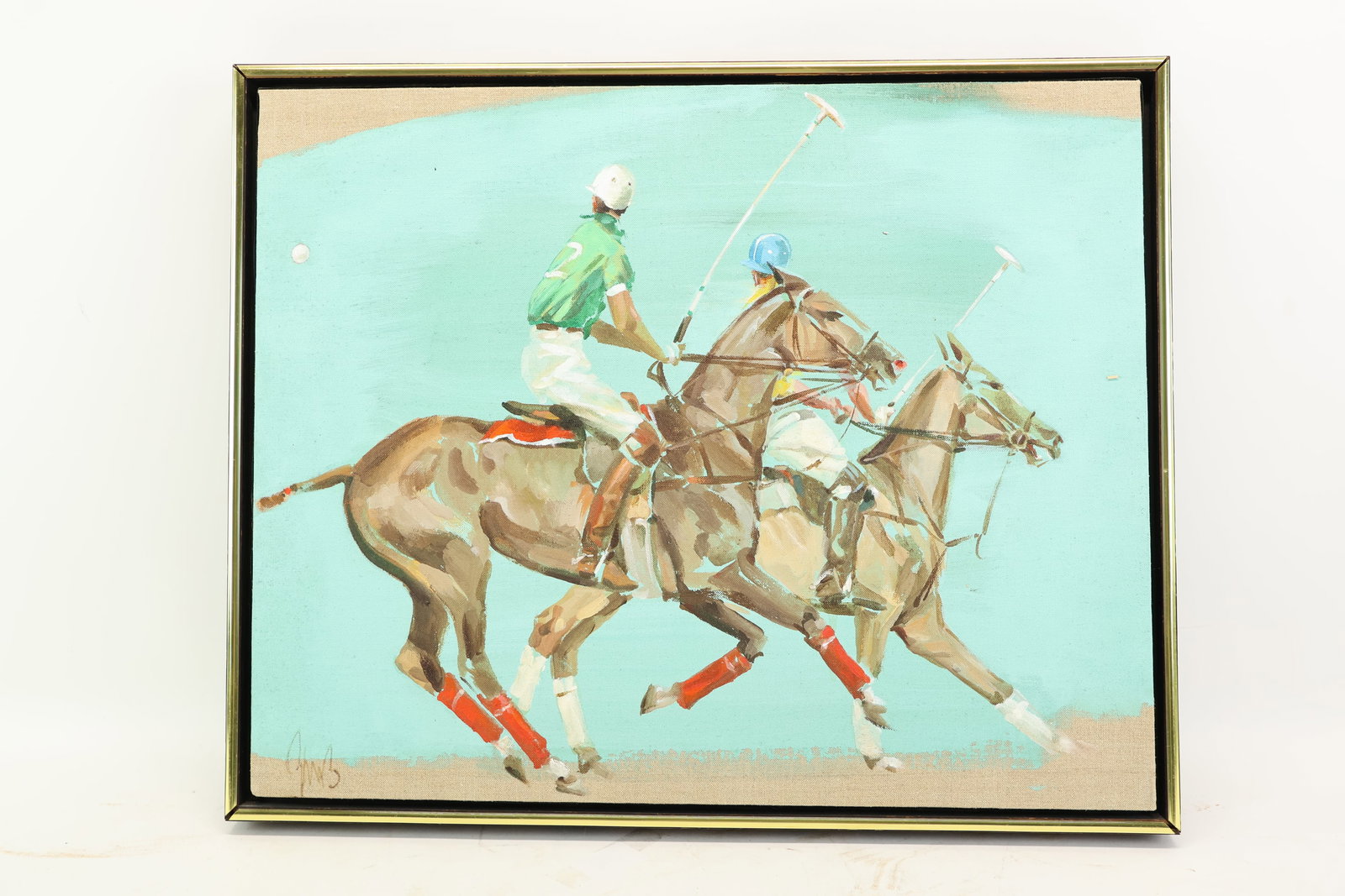 Polo Players Acrylic on Canvas Painting: Polo Players Acrylic on Canvas Painting Polo Players Acrylic on Canvas Painting Traditional painting of polo players in action on horses. Signed lower left Illegibly. Framed size 17 1/8" x 21 1/8" Sig