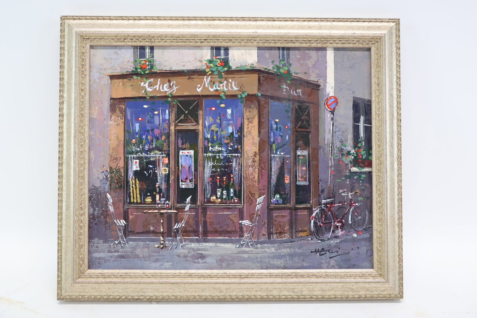 Parisian Painting Acrylic on Canvas Bistro Cafe Chez Marie: Parisian Painting Acrylic on Canvas Bistro Cafe Chez Marie Parisian Painting Acrylic on Canvas Bistro Cafe "Chez Marie" Paris cafe themed painting - charming and highly detailed. Signed lower right, i