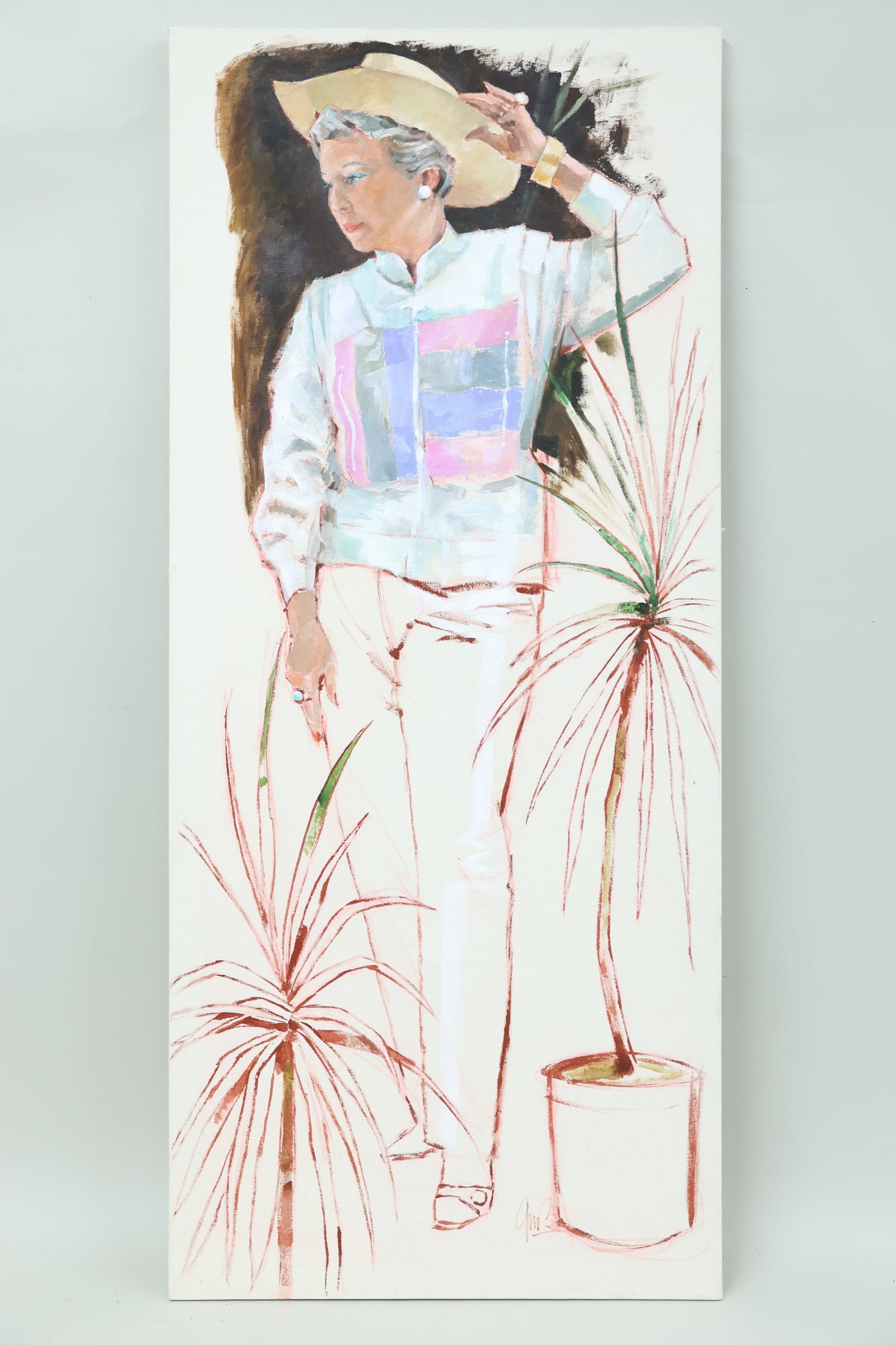 Oil on Canvas of Woman in Southwestern Attire: Oil on Canvas of Woman in Southwestern Attire Oil on Canvas of Woman in Southwestern Attire, signed lower right. Used condition, 60" x 26"
