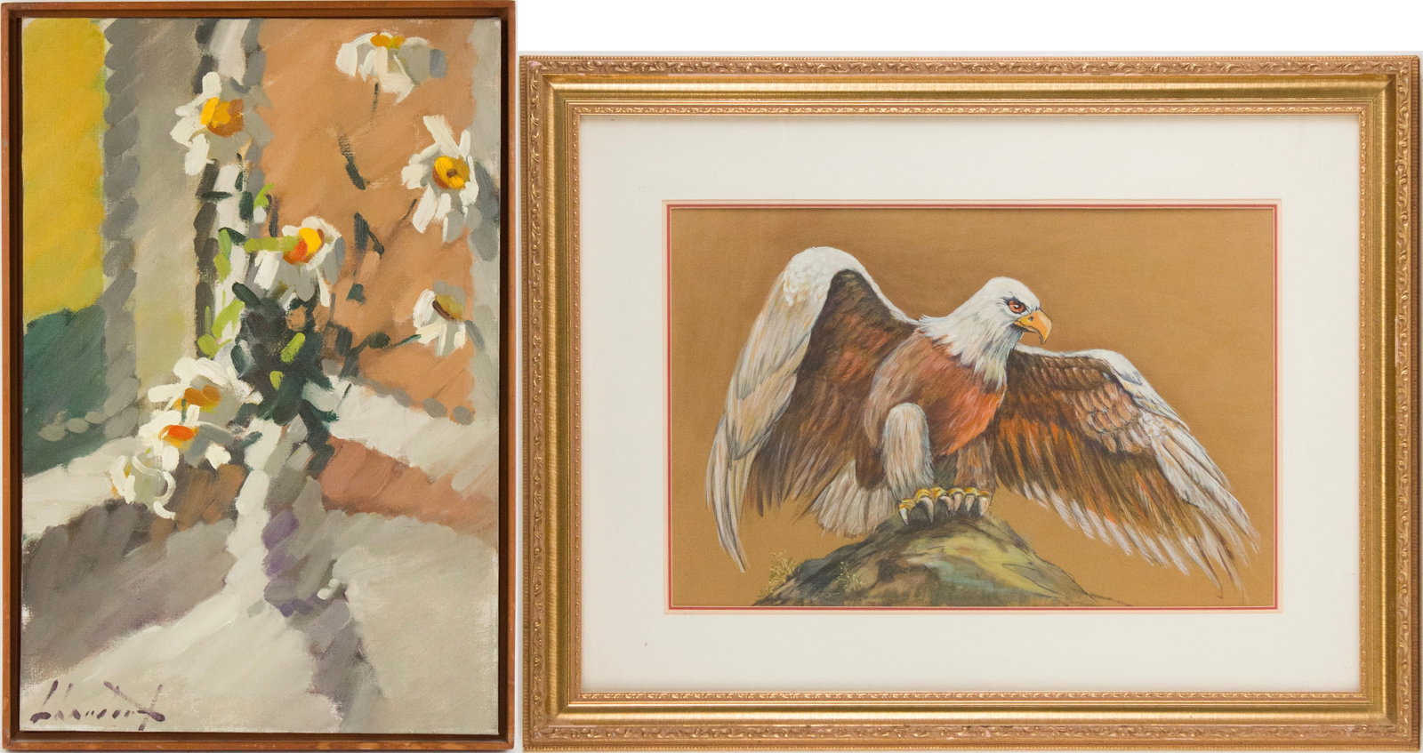 Ernest Donald Chandonet, Canadian 1923-2012, Abstract Daisies in a Vase, Oil on Canvas: Ernest Donald Chandonet Canadian, 1923-2012 Abstract Daisies in a Vase Oil on Canvas Signed illegibly l.l. Together with a mixed media drawing of a bald eagle, signed "Grace". Provenance: Property