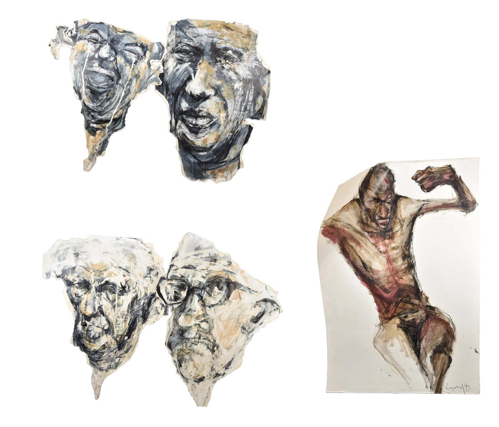 Pawel Luchowski, Drawing of a Man, Mixed Media on Paper: Pawel Luchowski Drawing of a Man Mixed Media on Paper Torn and rolled into a tube. Together with two abstract fragments by Anka Mierzejewsk.