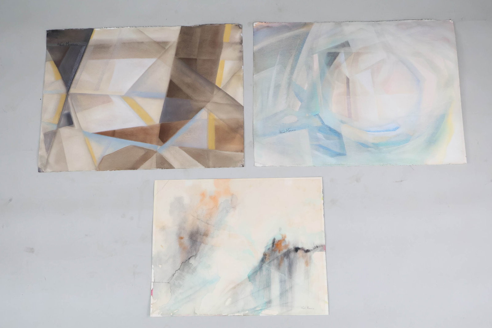Three Unframed Frank Monaco Abstract Watercolors: Three Unframed Frank Monaco Abstract Watercolors Three Unframed Frank Monaco Abstract Watercolors. Used condition largest measures 29 3/4" x 22" 30 x 22 in. (76.2 x 55.9 cm.)