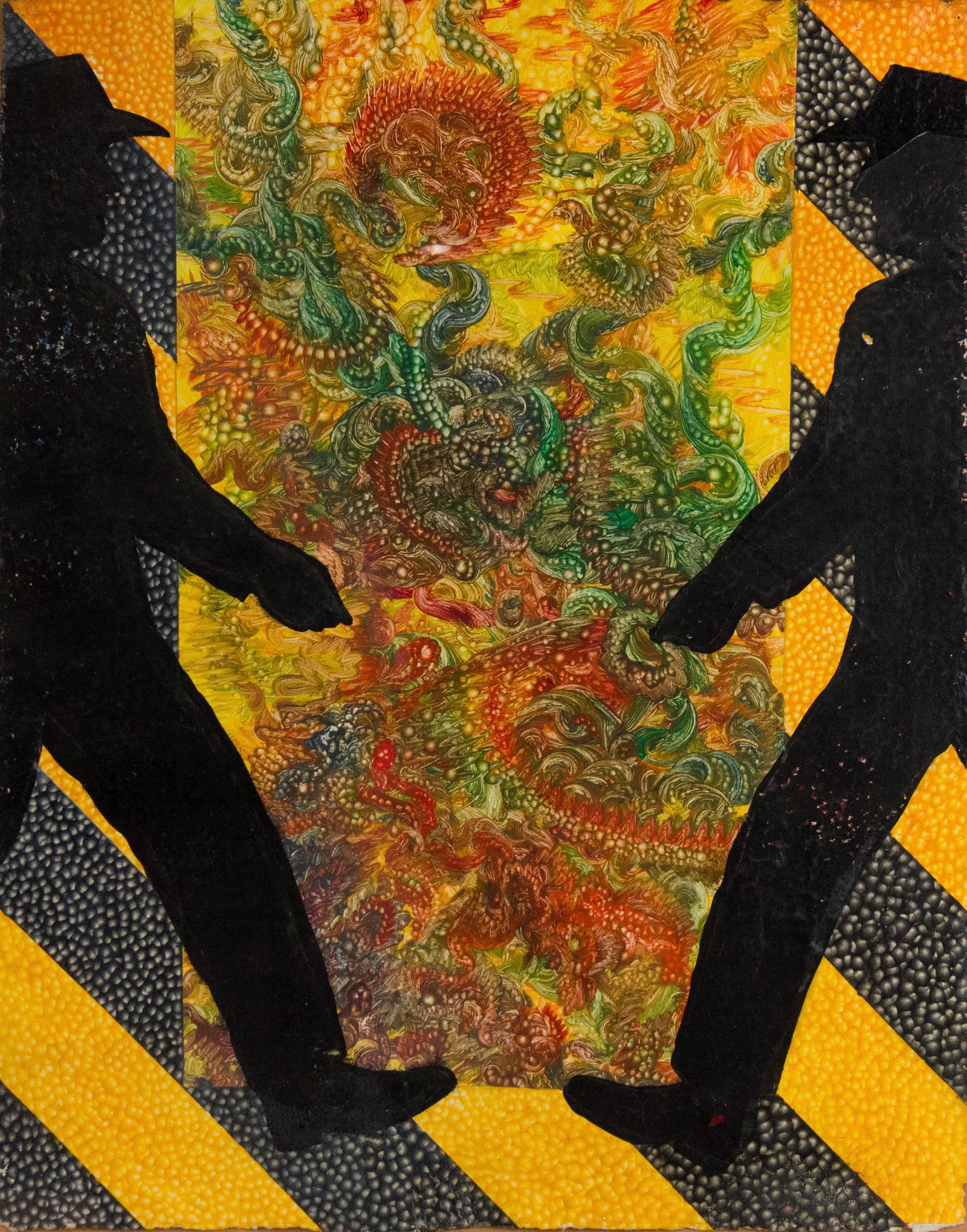 Paul Arthur Jansen, American 1945-, Abstract in Yellows, Mixed Media: Paul Arthur Jansen American, 1945- Abstract in Yellows Mixed Media Abstract in yellows with silhouette of mirrored walking man. Glass distressed. Sight: 27 x 21 in. (68.6 x 53.3 cm.), Frame: 31 x 24 i
