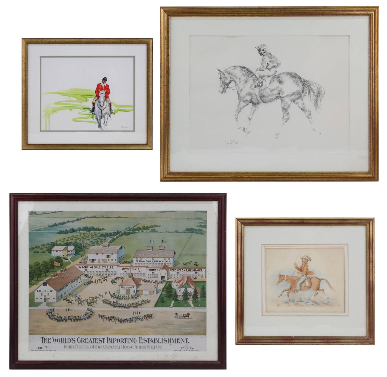 Horse and Jockey, Pencil on Paper: Horse and Jockey Pencil on Paper Signed lower left illegibly. Together with a watercolor of a South African horse and rider, another watercolor of a horse and rider with fox hunting a hare signed
