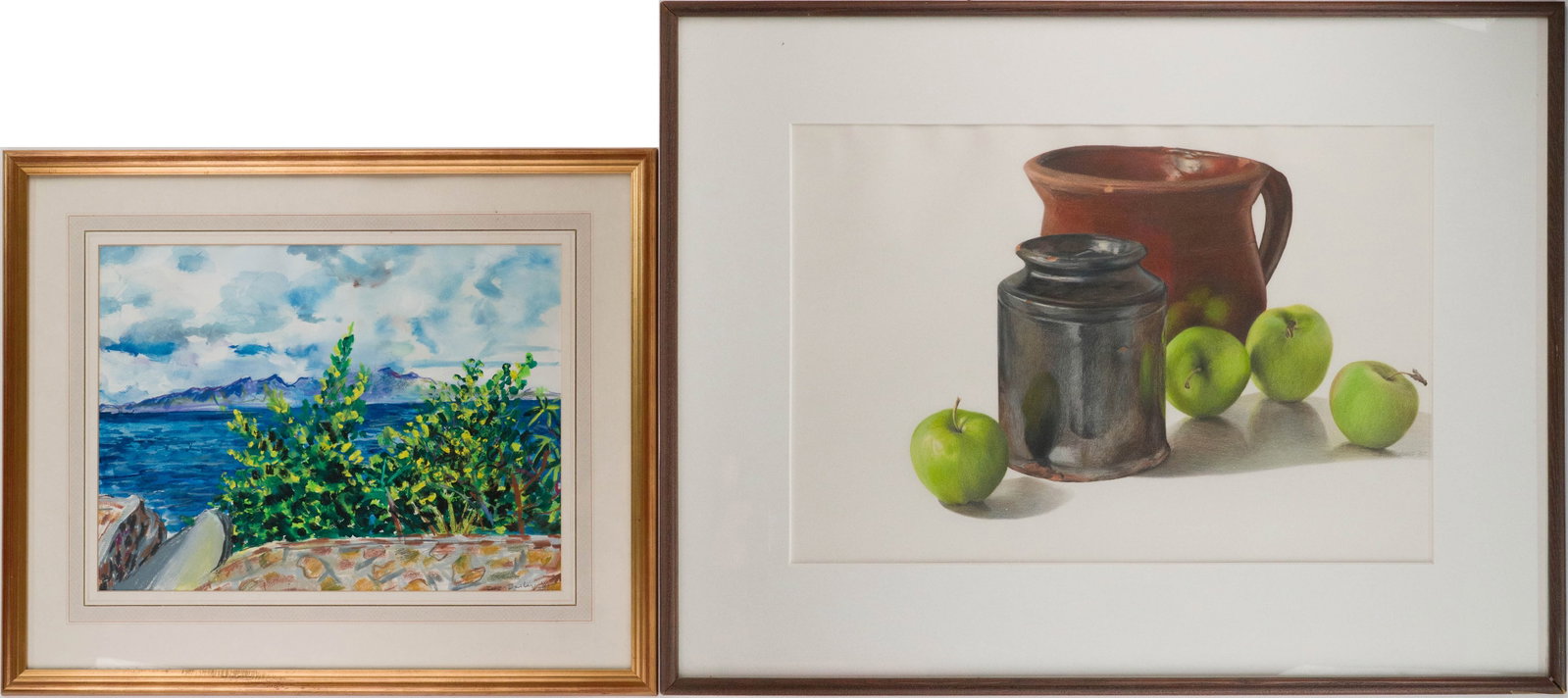 B. Barley, Marine Landscape, Watercolor: B. Barley Marine Landscape Watercolor Signed and dated '91 lower right. Together with a colored pencil drawing, still life with pots and green apples, signed and dated "Bianchard (?) '87 lower right.