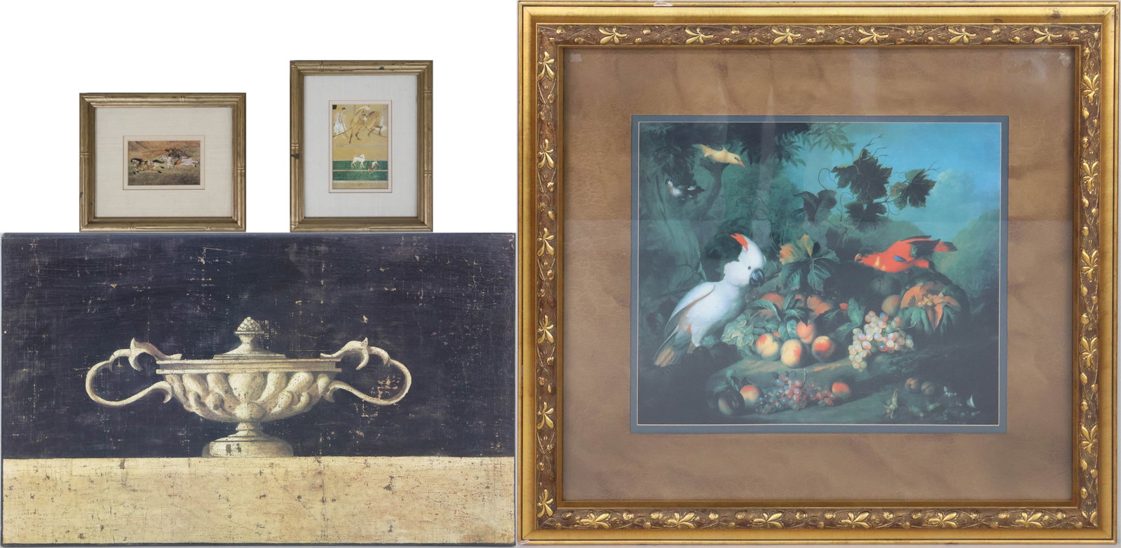 Jakob Bogdani, Fruit and Birds, Print: Jakob Bogdani Fruit and Birds Print Together with a print on canvas of a classical urn, and two prints of Chinese scenes. 4 pieces Largest Sight: 19 3/4 x 23 3/4 in. (50.2 x 60.3 cm.), Frame: 35 1/2