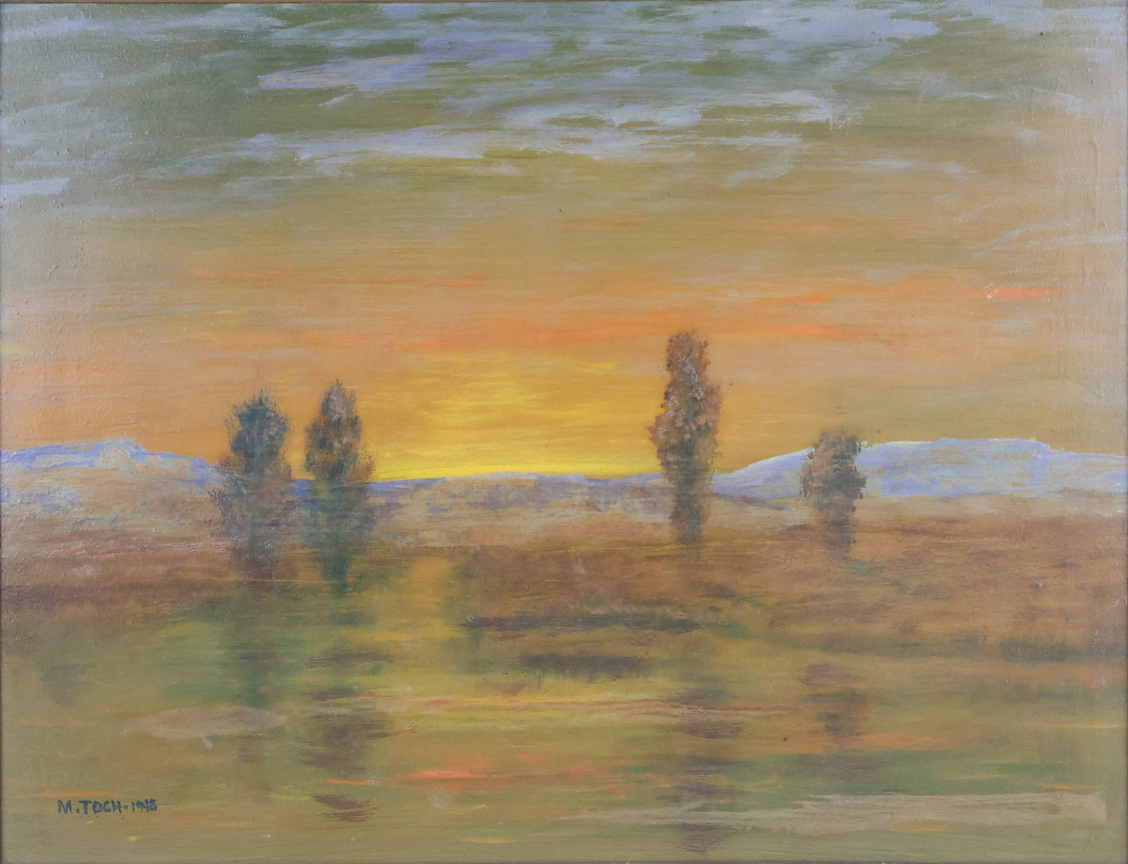 Maximillian Toch, Sunset Landscape, Oil on Board: Maximillian Toch Sunset Landscape Oil on Board Signed, ll, "M. Toch 1945". Sunset landscape with four trees. 17 x 21 1/2 in. (43.2 x 54.6 cm.), Frame: 21 x 26 in. (53.3 x 66 cm.)