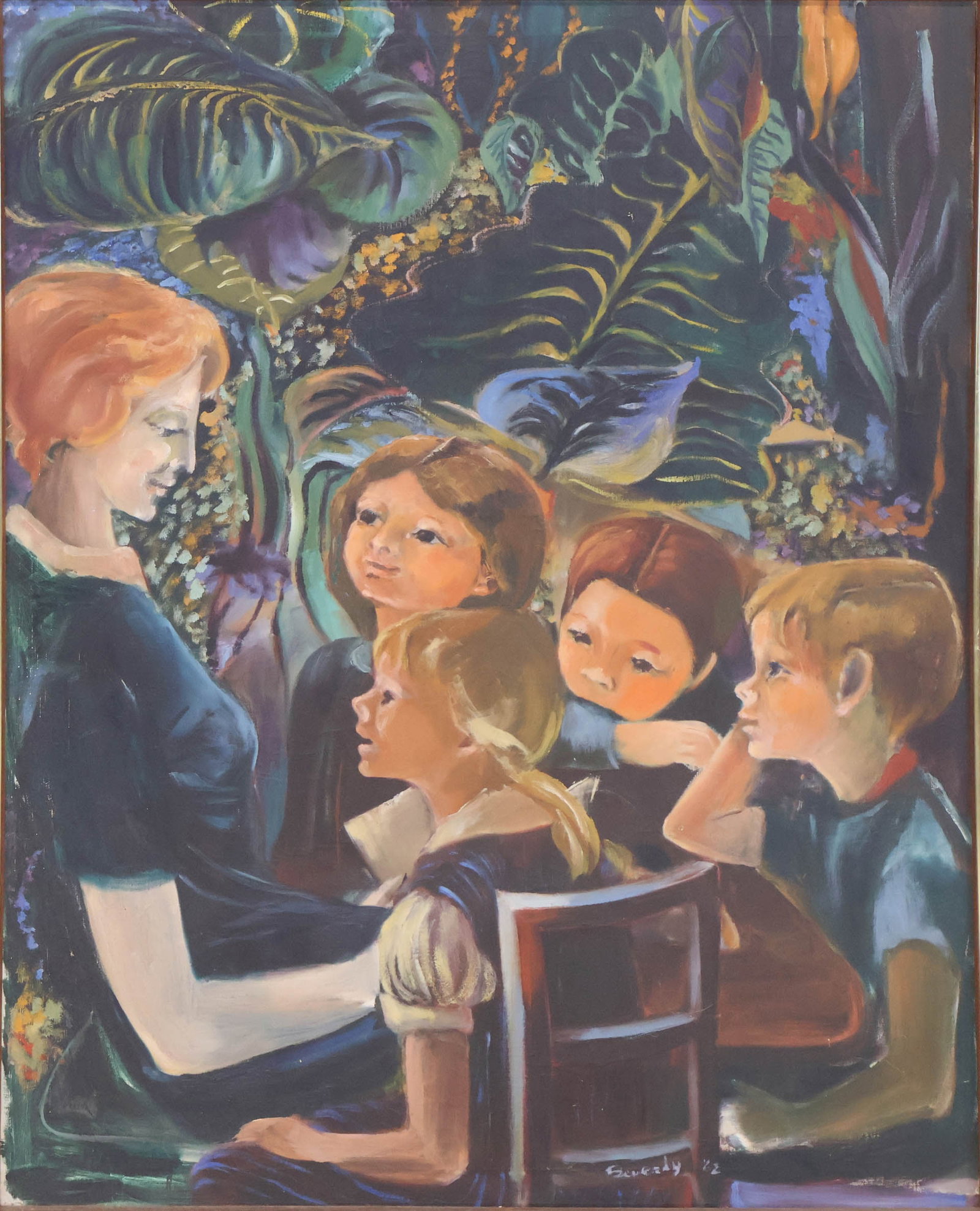Beverly, Woman Reading to Children, Oil on Canvas: Beverly Woman Reading to Children Oil on Canvas Signed l.r. "Beverly '62", with tropical landscape in background. Sight: 47 x 36 1/2 in. (119.4 x 92.7 cm.), Frame: 48 1/2 x 38 1/4 in. (123.2 x 97.2