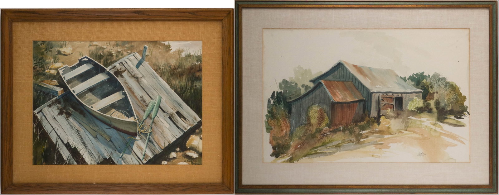 E. Carlson, Rowboat on Broken Dock, Watercolor on Paper: E. Carlson Rowboat on Broken Dock Watercolor on Paper Signed l.r. Together with a watercolor of a barn, signed l.r. "Howard 1971". Sights: 19 1/4 x 29 3/4 and 17 3/4 x 23 3/4, Frames: 28 x 38 1/4 and