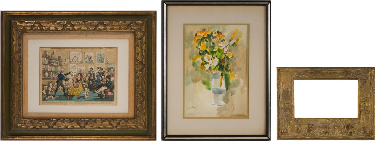 Abstract Still Life of Flowers in Vase, Watercolor on Paper: Abstract Still Life of Flowers in Vase Watercolor on Paper Signed illegibly l.l. Together with a repousse gilt metal frame and a hand colored satirical print titled "Calves' Head and Brains: or a