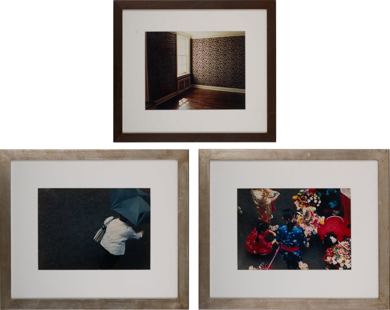 Alexandra Walker, Florida 20th C., Three Photographs: Alexandra Walker Florida, 20th C. Three Photographs Including a view of a wallpapered room, a bird's eye view of girls and flowers, and a woman with an umbrella. Overall from 19 1/2 x 23 in. (49.5 x 5