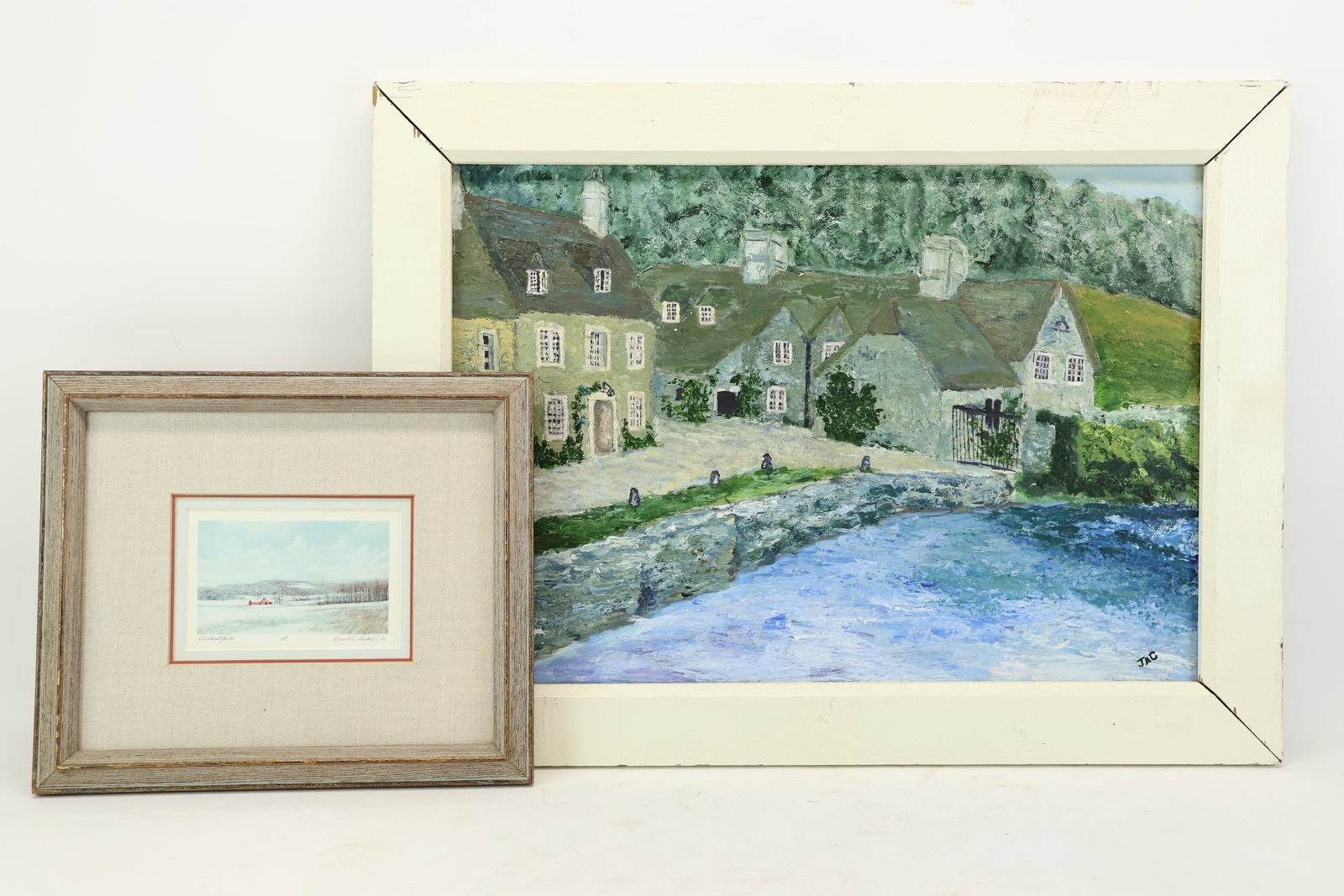 Oil on Board Country Cottage Seaside Painting: Oil on Board Country Cottage Seaside Painting Oil on Board Country Cottage Seaside Painting. Signed "JAC" frame Measures 25" x 18 3/4". Together with Gerald Lubeck print A/P print titled "Distant Farm
