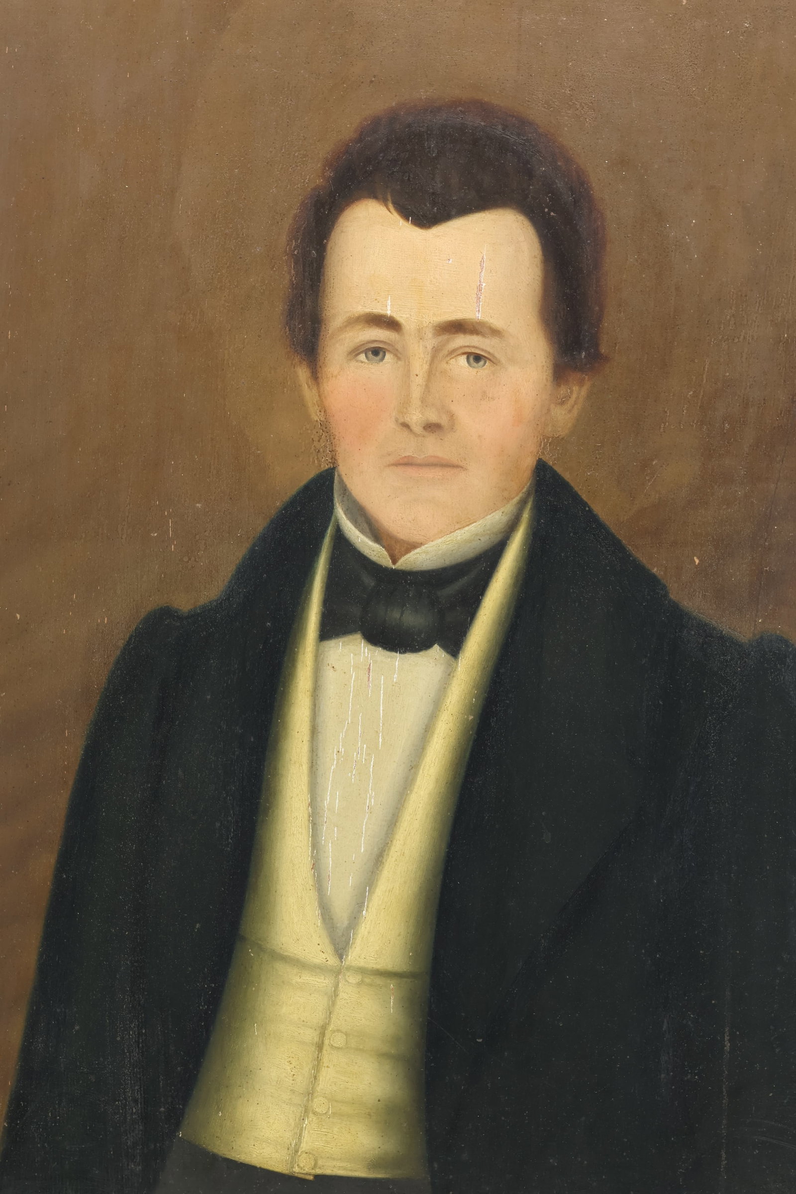 Antique Oil on Board Primitive Portrait of a Gentleman: Antique Oil on Board Primitive Portrait of a Gentleman Large Antique Oil on Board Primitive Portrait of a Gentleman, possibly Pennsylvania c.1830-1840 in original painted frame with original leather s