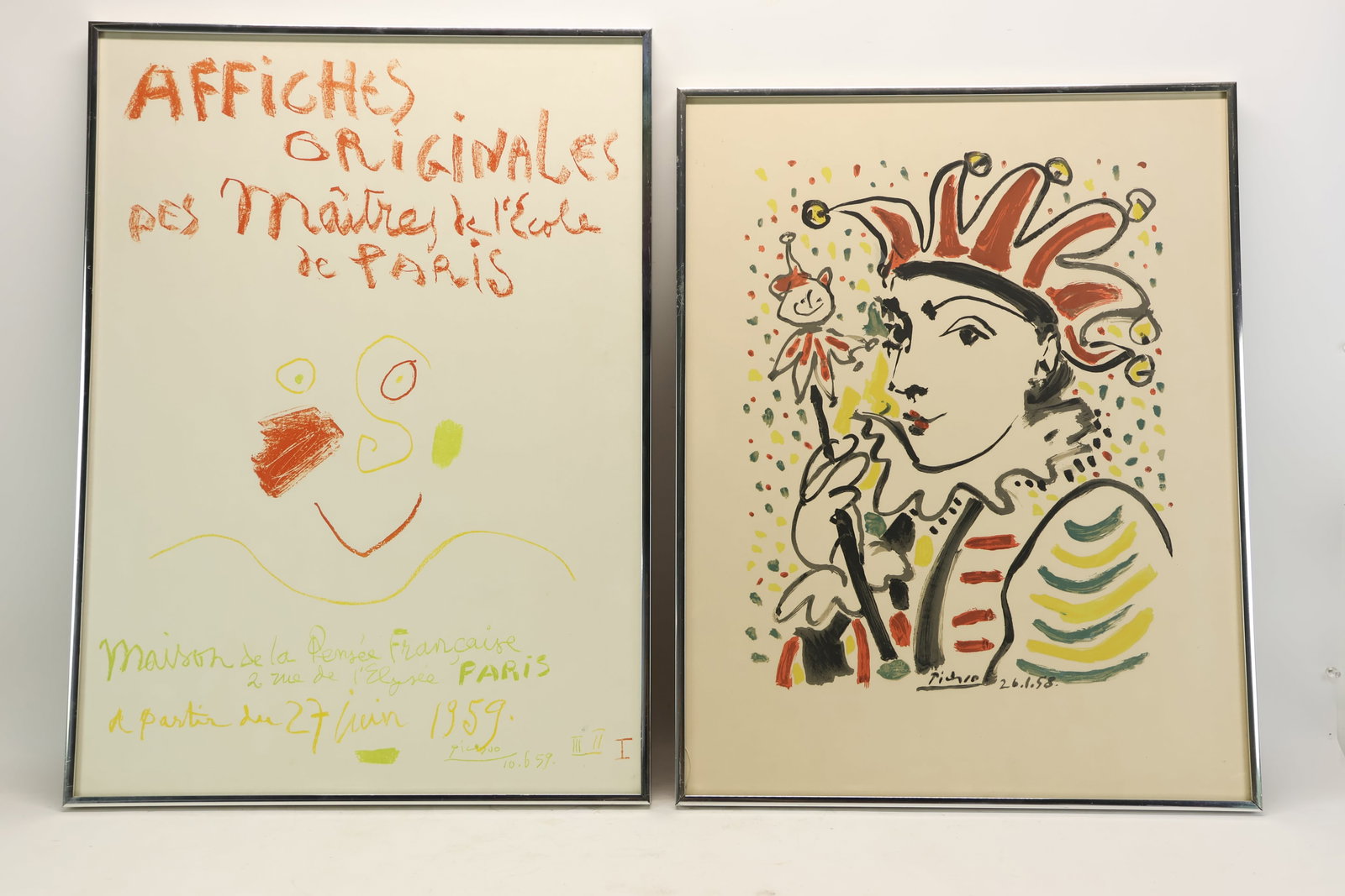 2 French Vintage After Pablo Picasso Lithographs: 2 French Vintage After Pablo Picasso Lithographs Vintage Pablo Picasso Affiches des Maitres de L'Ecole de Paris Lithograph. After Pablo Picasso 1959 Framed size 27" x 20'' and Pablo Picasso "La Folie"