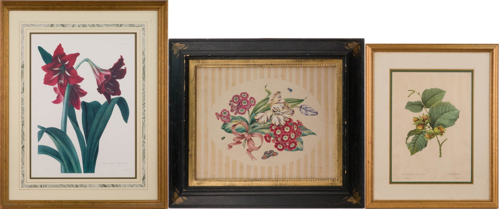 Three Botanical Depictions, Prints: Three Botanical Depictions Prints One after Redoute, another after William Say, the last signed possibly Patty Couen. Provenance: Property from the Contents of Ellistan, Somerset Hills, NJ Sight from