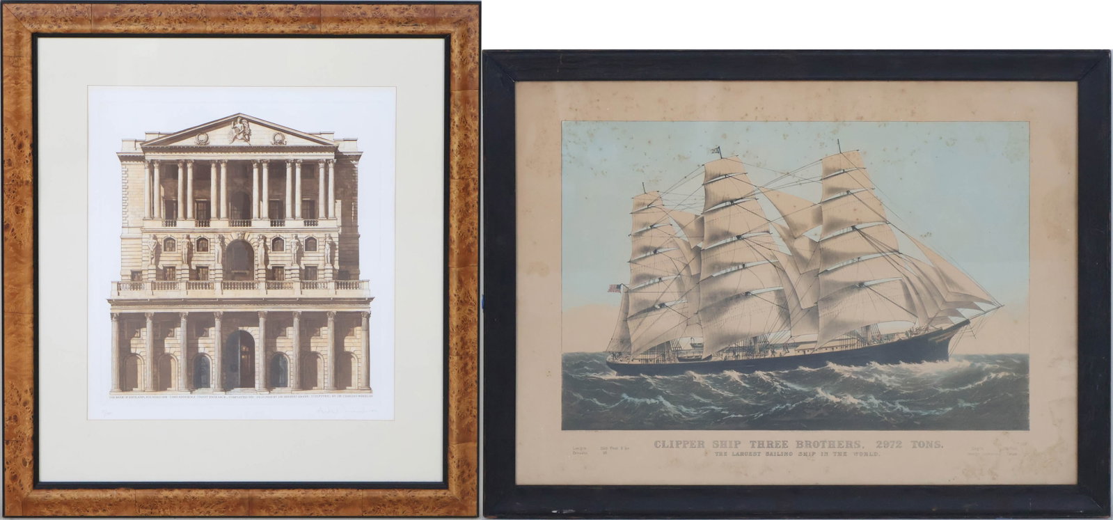 After Currier and Ives, "Cupper Ship/Three Brothers/2972 Tons/The Largest Sailing Ship in the: After Currier and Ives "Cupper Ship/Three Brothers/2972 Tons/The Largest Sailing Ship in the World" Print Together with print of facade of the Bank of England. Signed and dated lower right "Andrew