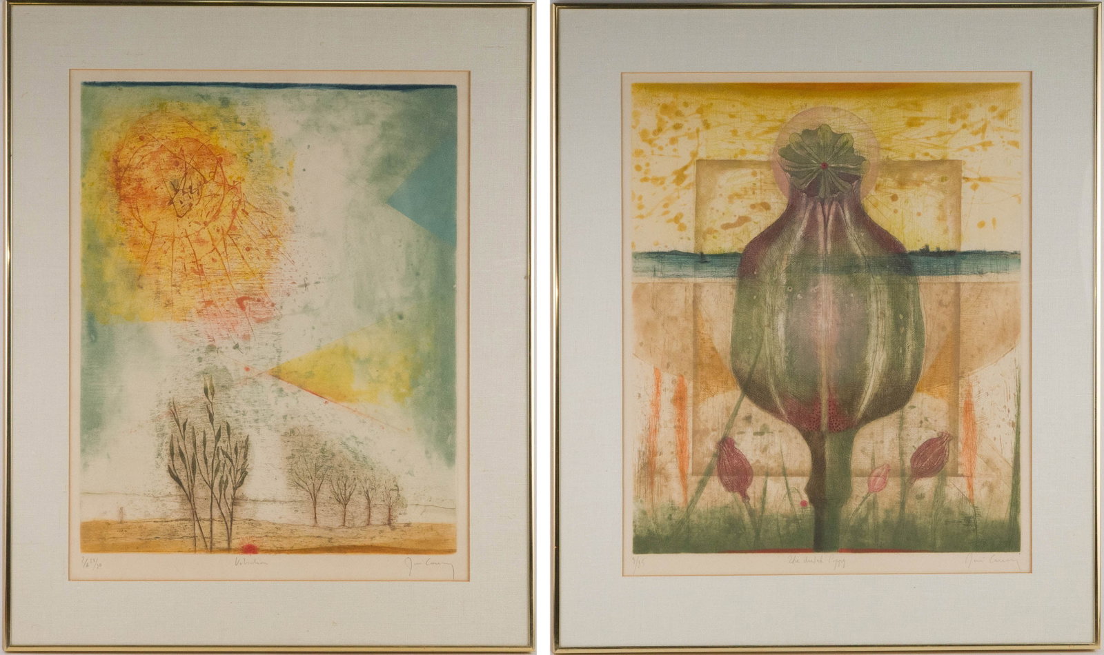 Rene Marcel Carcan, Belgian 1925-1993, The Sketch Poppy and Vibration, Color Etching: Rene Marcel Carcan Belgian, 1925-1993 The Sketch Poppy and Vibration Color Etching Both signed in pencil l.r., titled l.c. and numbered l.l. 9/15 and E.A. 28/30. Sight: 24 3/4 x 20 1/4 in. (62.9 x