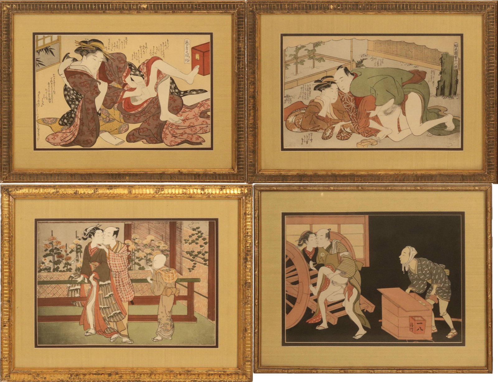 Four Japanese Erotica Shunga Prints: Four Japanese Erotica Shunga Prints 20th C. Reproduction prints. Overall: 15"h x 19"w and 15-1/2"h x 20"w Sight: 10"h x 13-3/4"w and 9-3/4"h x 13-1/2"w