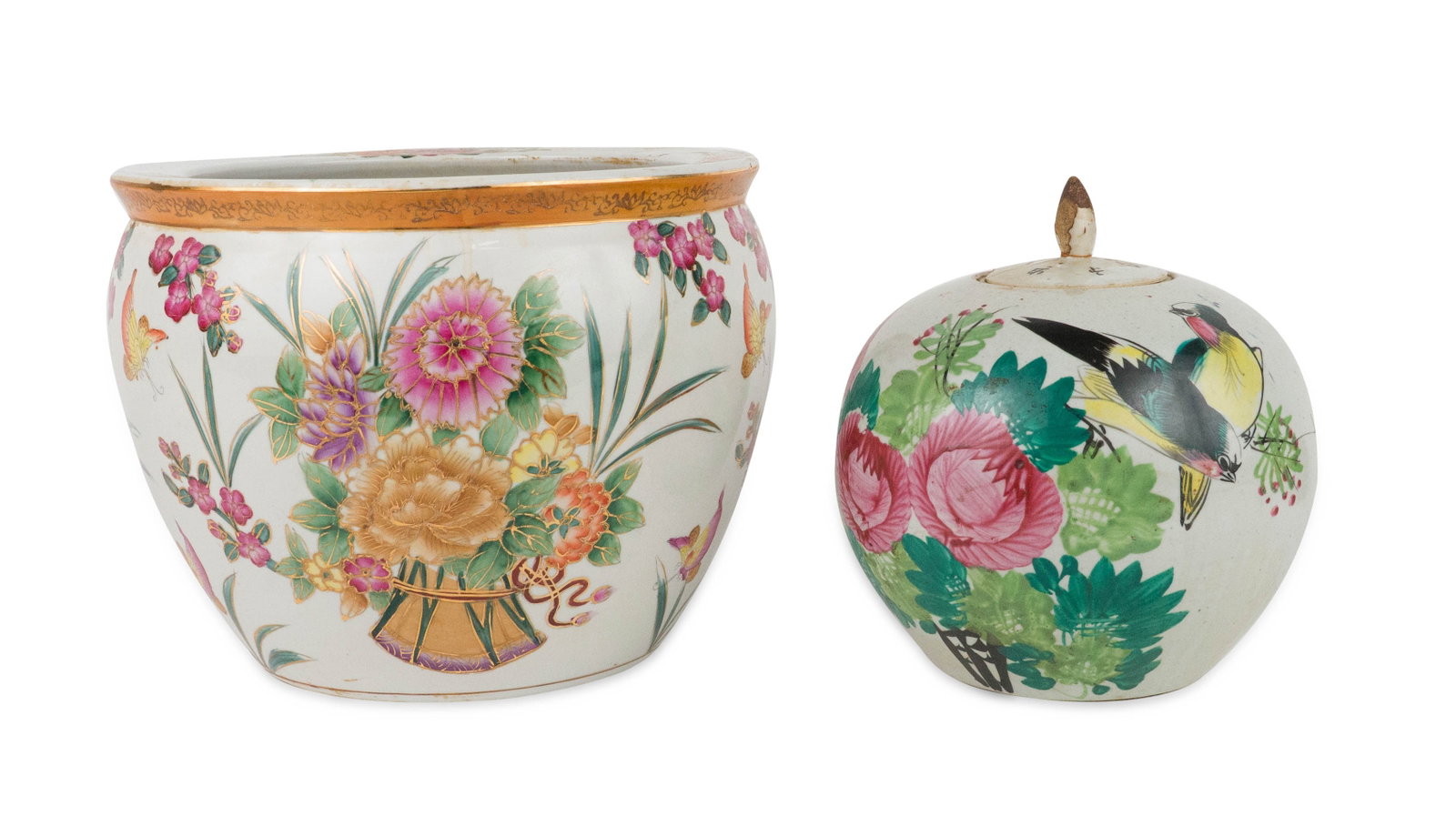 Chinese Famille Rose Ginger Jar and Fishbowl: Chinese Famille Rose Ginger Jar and Fishbowl 20th C. Cracks, repairs, chips, losses, stains. 9 1/2 x 8 1/2 in. (24.1 x 21.6 cm.), and 9 1/2 x 12 1/4 in. (24.1 x 31.1 cm.)