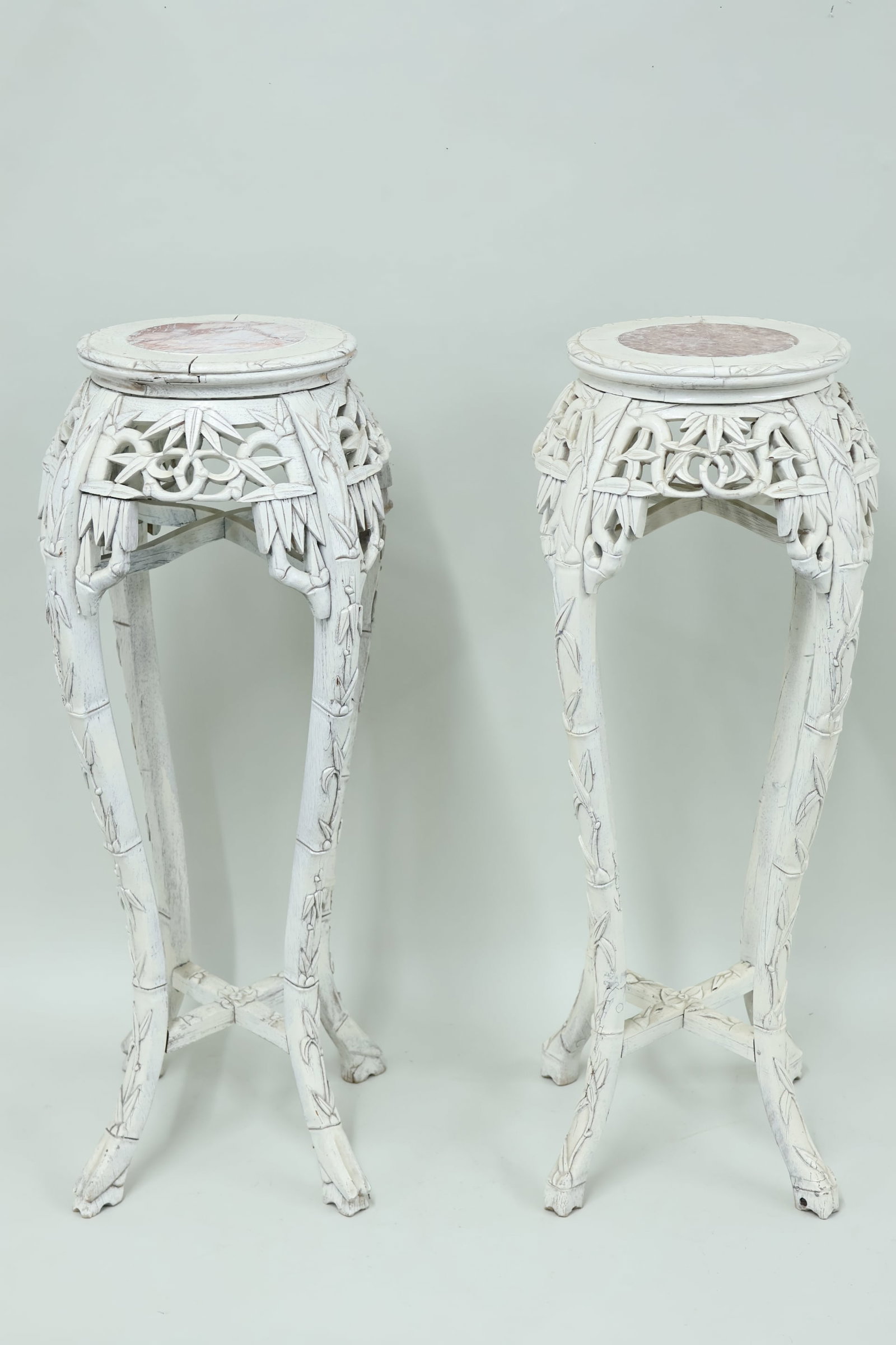 Asian Pair of Marble Inset White Painted Plant Stands: Asian Pair of Marble Inset White Painted Plant Stands Asian Pair of Marble Inset White Painted Plant Stands. Used condition, wear, worn, surface distress 36" tall x 14" diameter at widest point