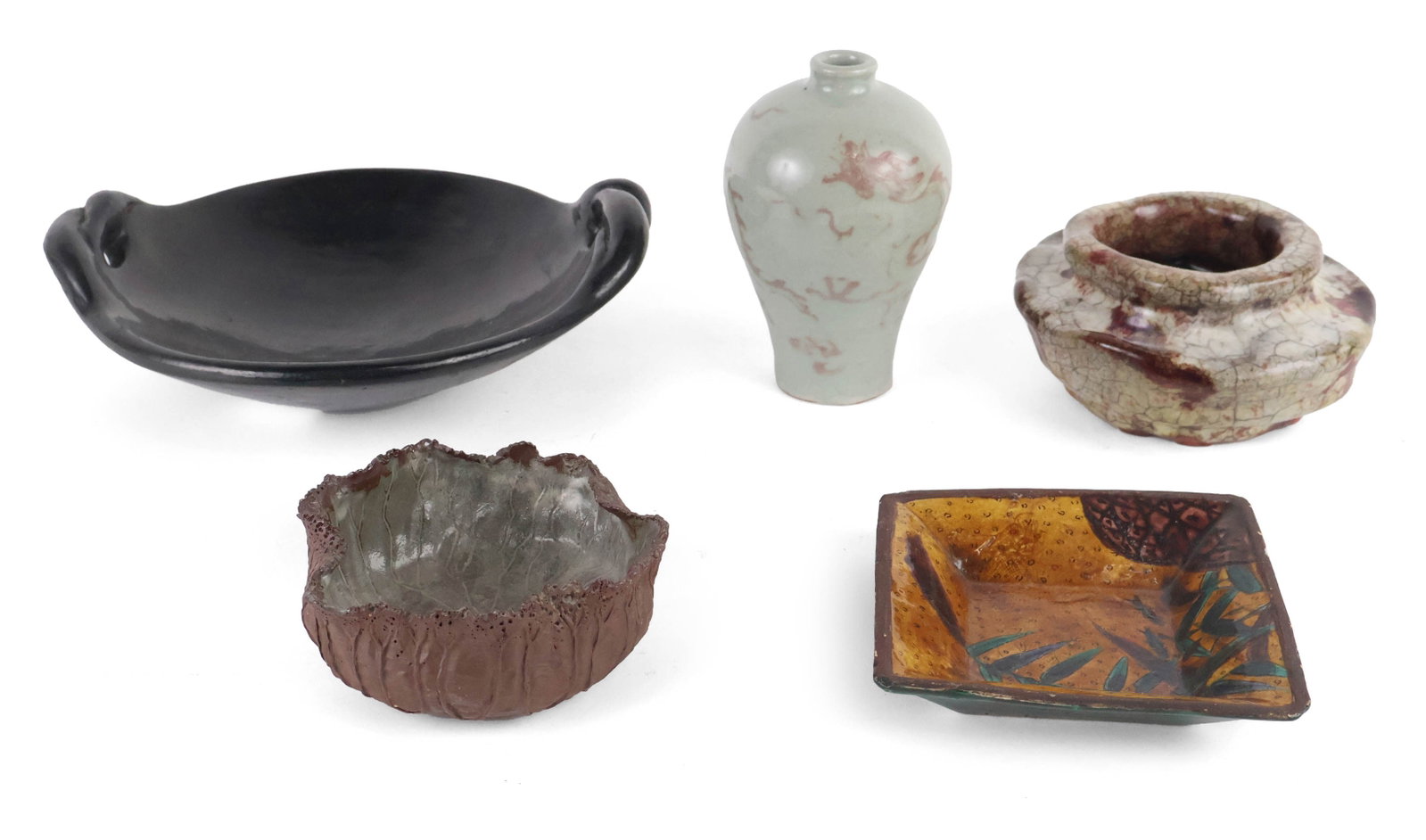 Chinese Red and White Glazed Meiping Vase: Chinese Red and White Glazed Meiping Vase Together with an organic glazed bowl, a ceramic bowl decorated with trees, a modern Chinese square tray, and a blackware style two handled bowl. Largest: 3 1/