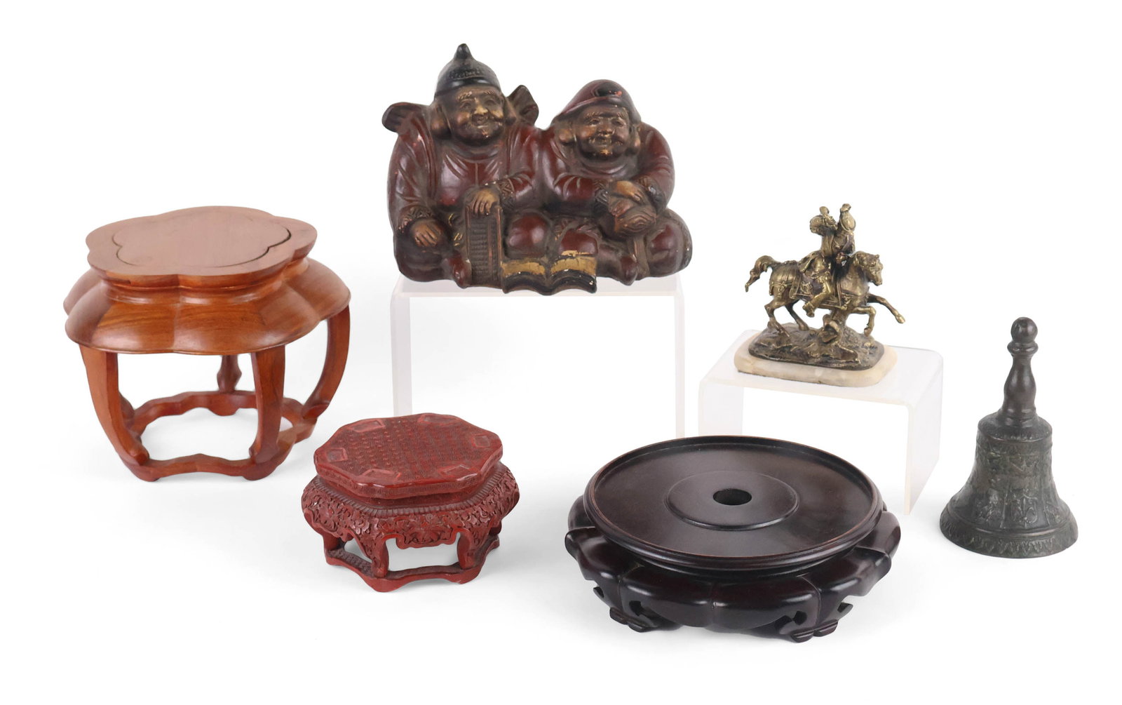 Gilt Metal Figure of a Knight on Horseback: Gilt Metal Figure of a Knight on Horseback Together with a Chinese painted wood figural, a metal bell, a cinnabar stand, and two Chinese hardwood stands. Largest: 6 1/2 x 8 in. (16.5 x 20.3 cm.)