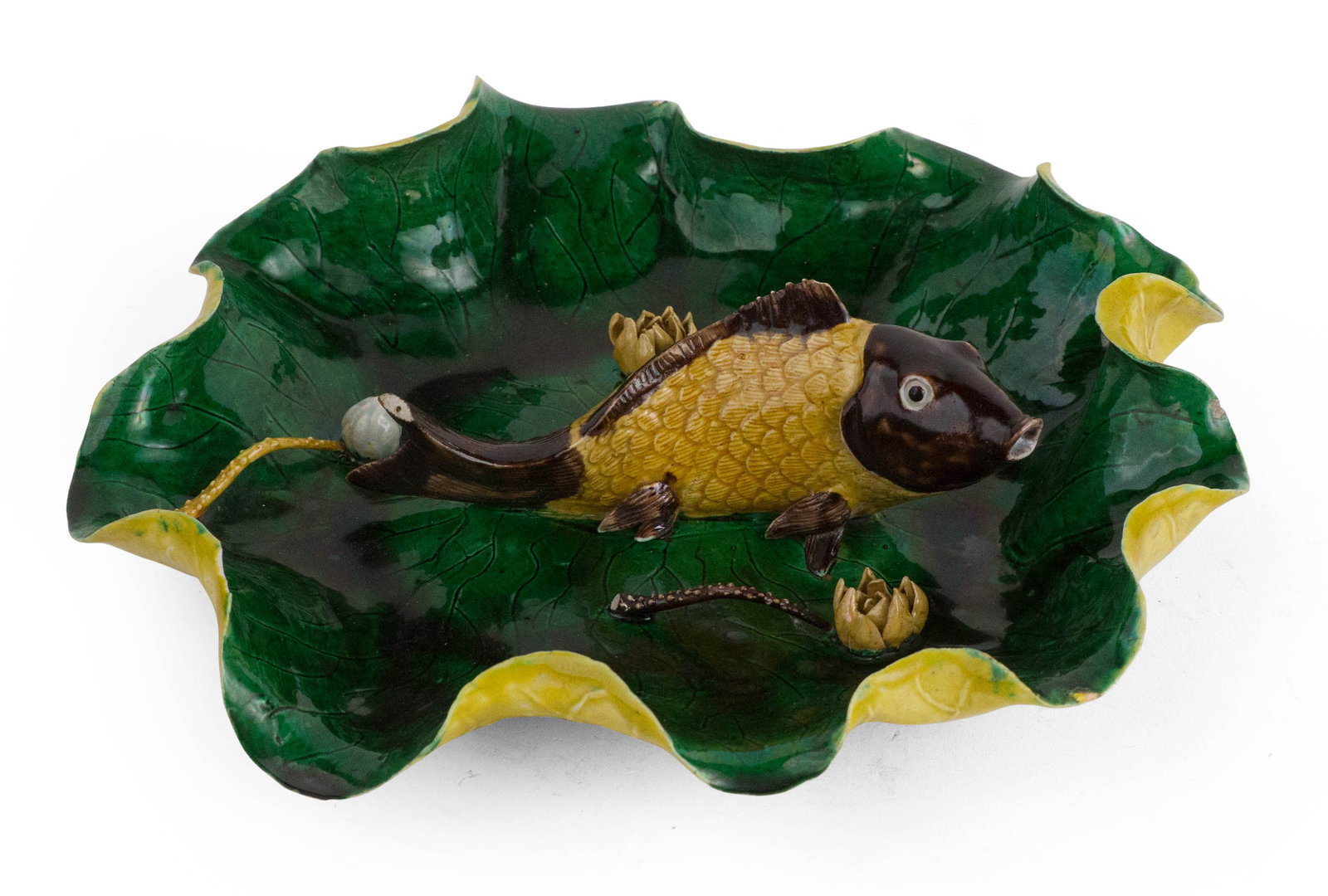 Chinese Glazed Porcelain Koi Fish on Lily Pad: Chinese Glazed Porcelain Koi Fish on Lily Pad In fitted box. Chips and wear. 2 1/2 x 10 x 10 in. (6.4 x 25.4 x 25.4 cm.)