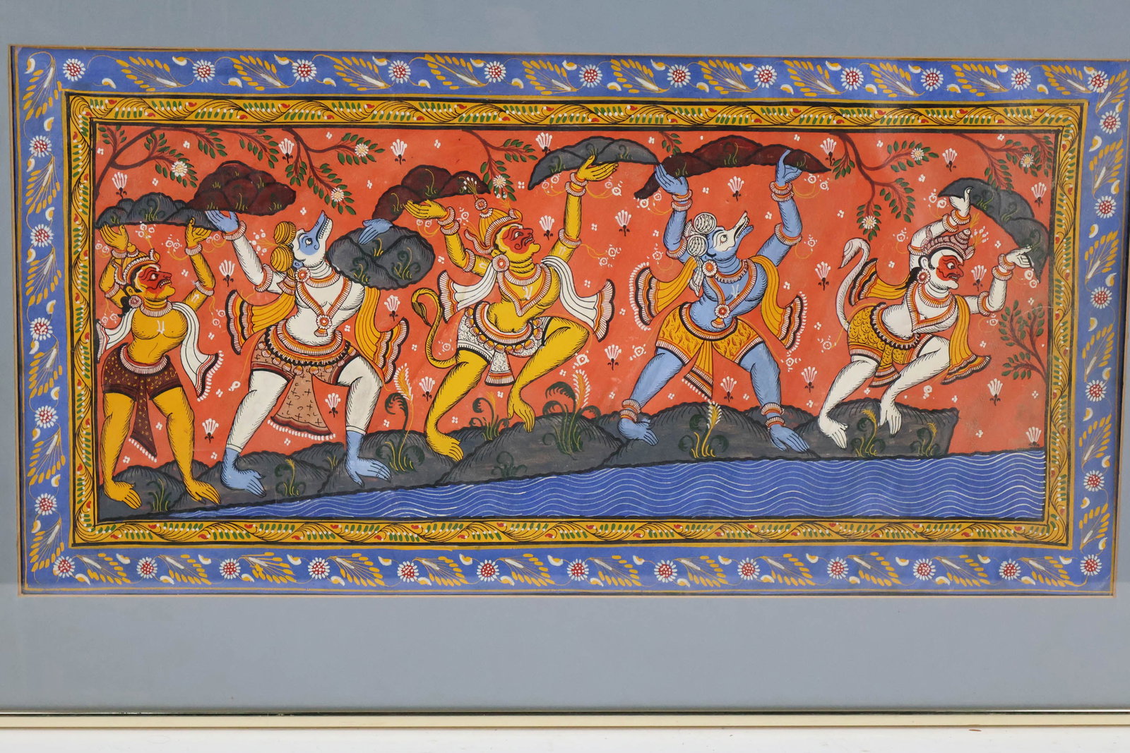 Polychrome Indian Pattachitra Painting: Polychrome Indian Pattachitra Painting Polychrome Indian Pattachitra Painting Framed. 11"h x 22"l, overall 17.5"h x 29"l. Together with a pencil signed abstract sepia toned print. Illegibly signed