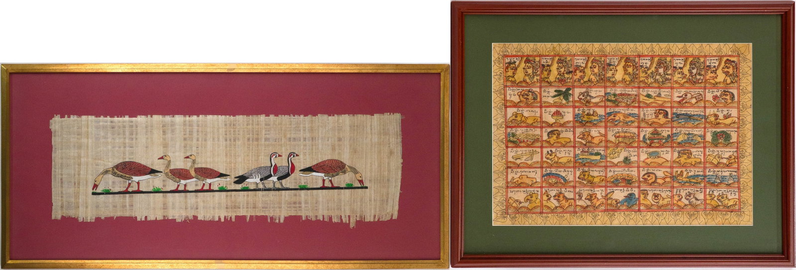 Egyptian Hand Painted Papyrus Painting of Geese: Egyptian Hand Painted Papyrus Painting of Geese 20th C. Together with a Balinese mixed media Palelintangan calendar. Sights: 11 1/2 x 16 3/8 and 9 x 29 1/2, Frame: 16 3/4 x 21 3/4 and 17 x 37 1/2