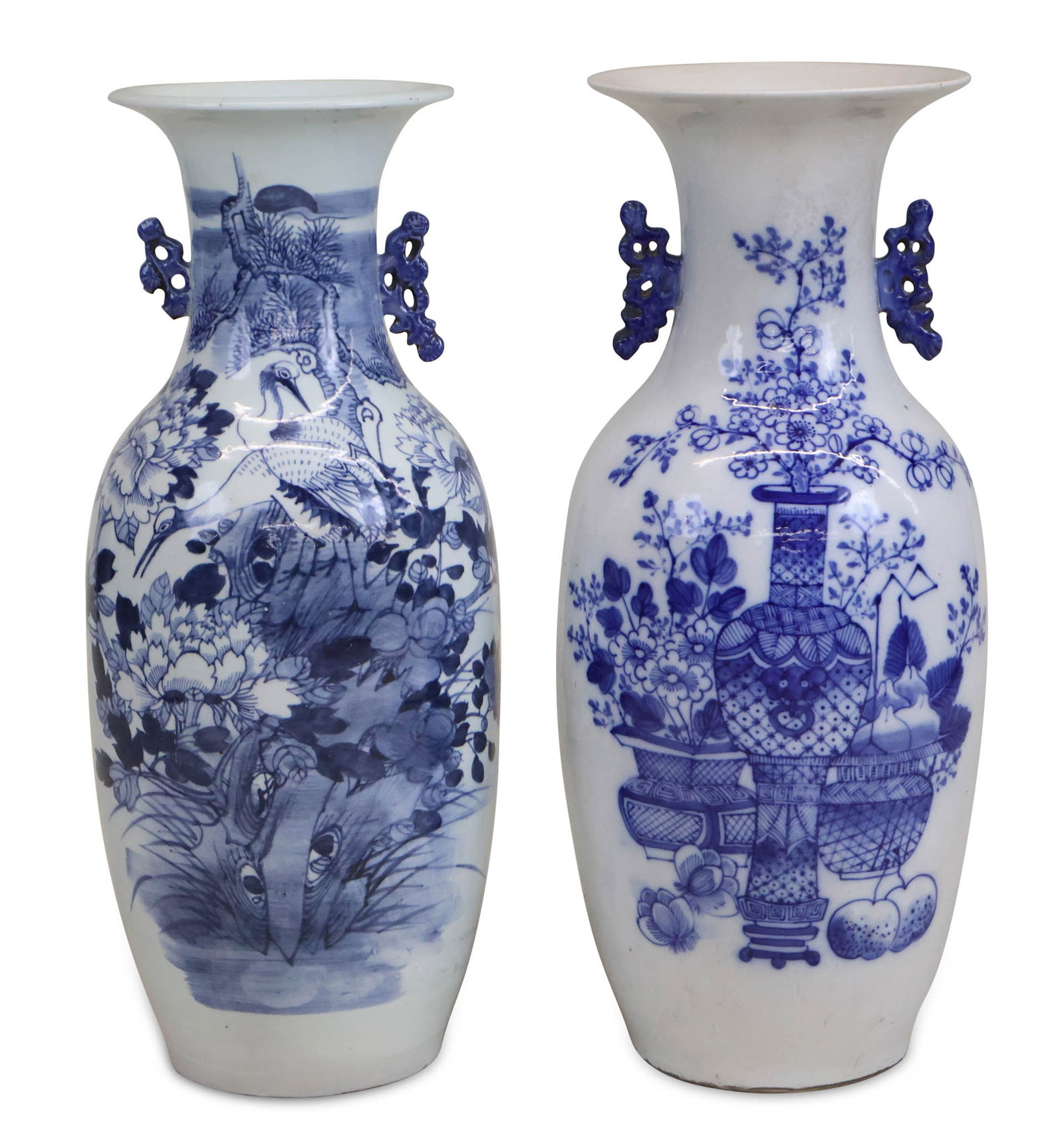 Pair of Chinese Blue and White Floor Vases: Pair of Chinese Blue and White Floor Vases 20th C. baluster form with lug handles. 23 x 9 in. (58.4 x 22.9 cm.), and 23 1/4 x 9 in. (59.1 x 22.9 cm.)