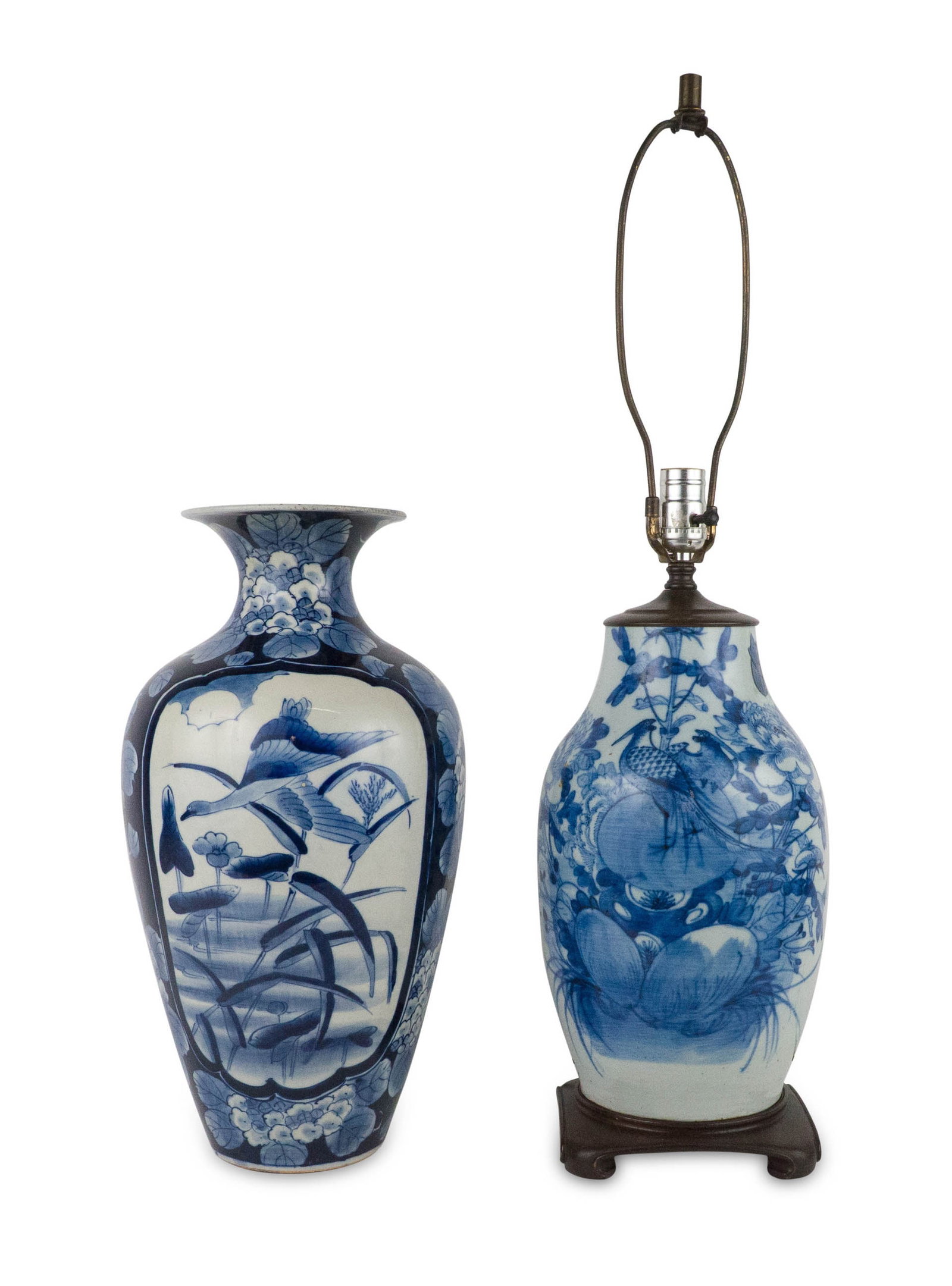 Two Chinese Blue and White Porcelain Vases: Two Chinese Blue and White Porcelain Vases One fitted as a lamp. Lamp cut down at top, drilled and electrified. 18 x 9 1/2 in. (45.7 x 24.1 cm.), Frame: 30 x 7 1/2 in. (76.2 x 19.1 cm.)