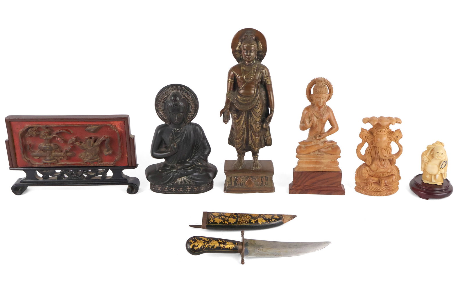 Five Asian Deity Figures: Five Asian Deity Figures Comprising, carved wood Ganesh, a brass and bronze Kashmiri Buddha, a carved wood Buddha, a patinated metal Buddha, and a carved bone Hotei. Together with a dagger with