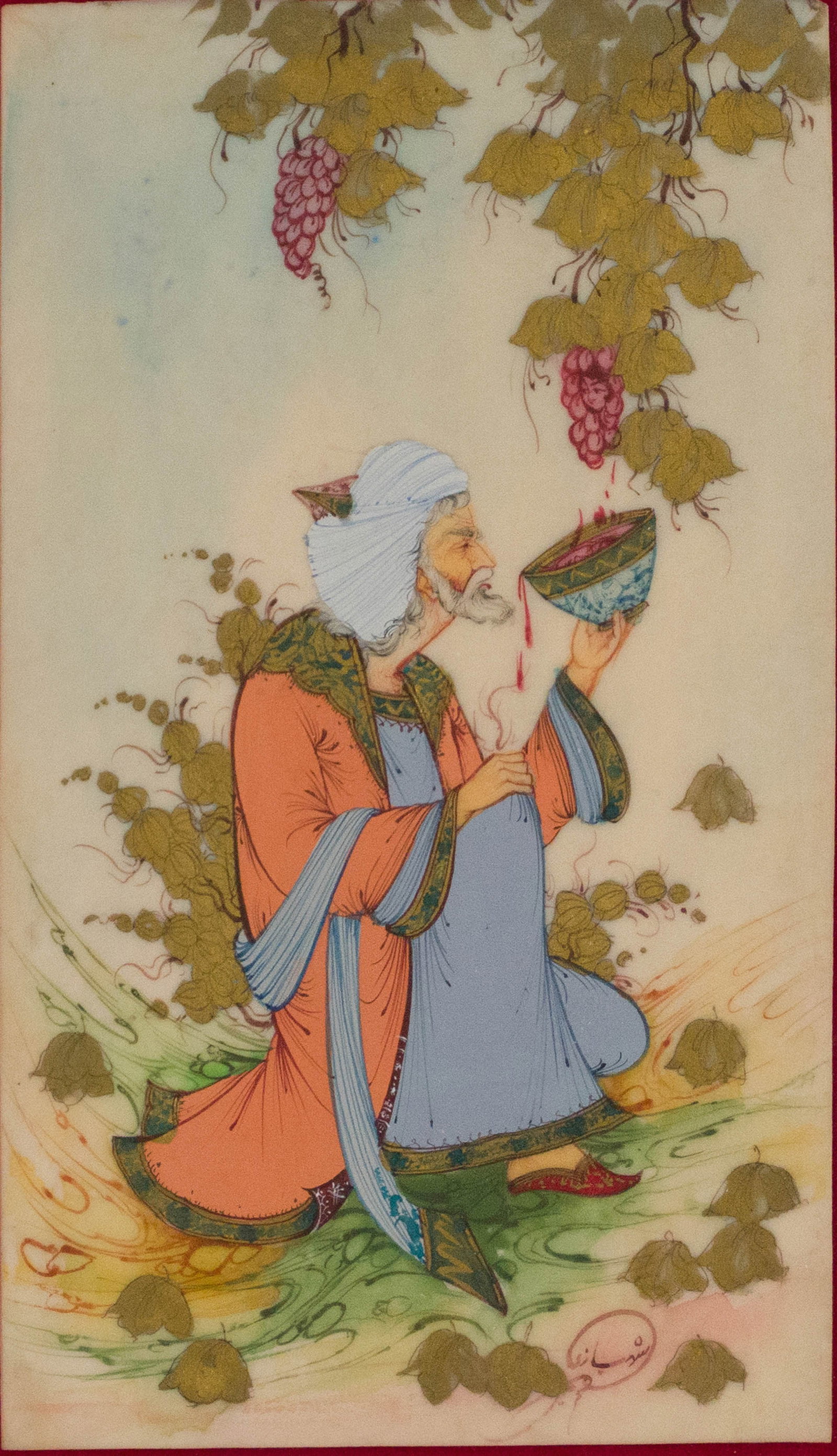 Wise Man Drinking Wine, Persian Miniature Paining: Wise Man Drinking Wine Persian Miniature Paining Signed l.r., on bone. Sight: 8 x 4 1/2 in. (20.3 x 11.4 cm.), Frame: 13 x 10 3/4 in. (33 x 27.3 cm.)