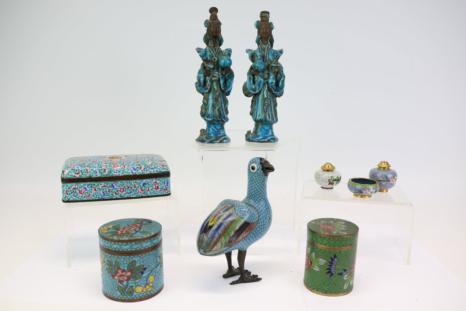 Group of Assorted Asian Table Articles: Group of Assorted Asian Table Articles Group of Assorted Asian Table Articles. Including, cloisonne boxes, an enamel box, a cloisonne bird, and two glazed ceramic female figures. Used condition, wear,