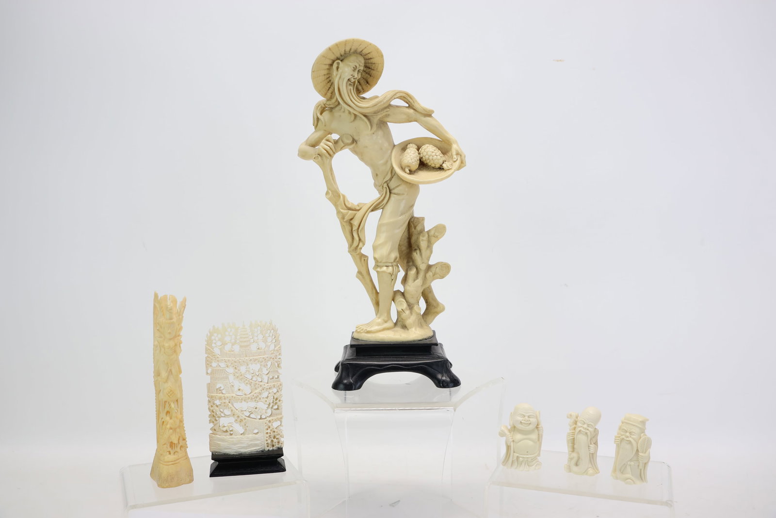 Group of Asian Composition Table Articles: Group of Asian Composition Table Articles Group of Asian Composition Table Articles, including, a man holding a basket, three small wise men, and a landscape. Used condition, wear, worn. Tallest: 13