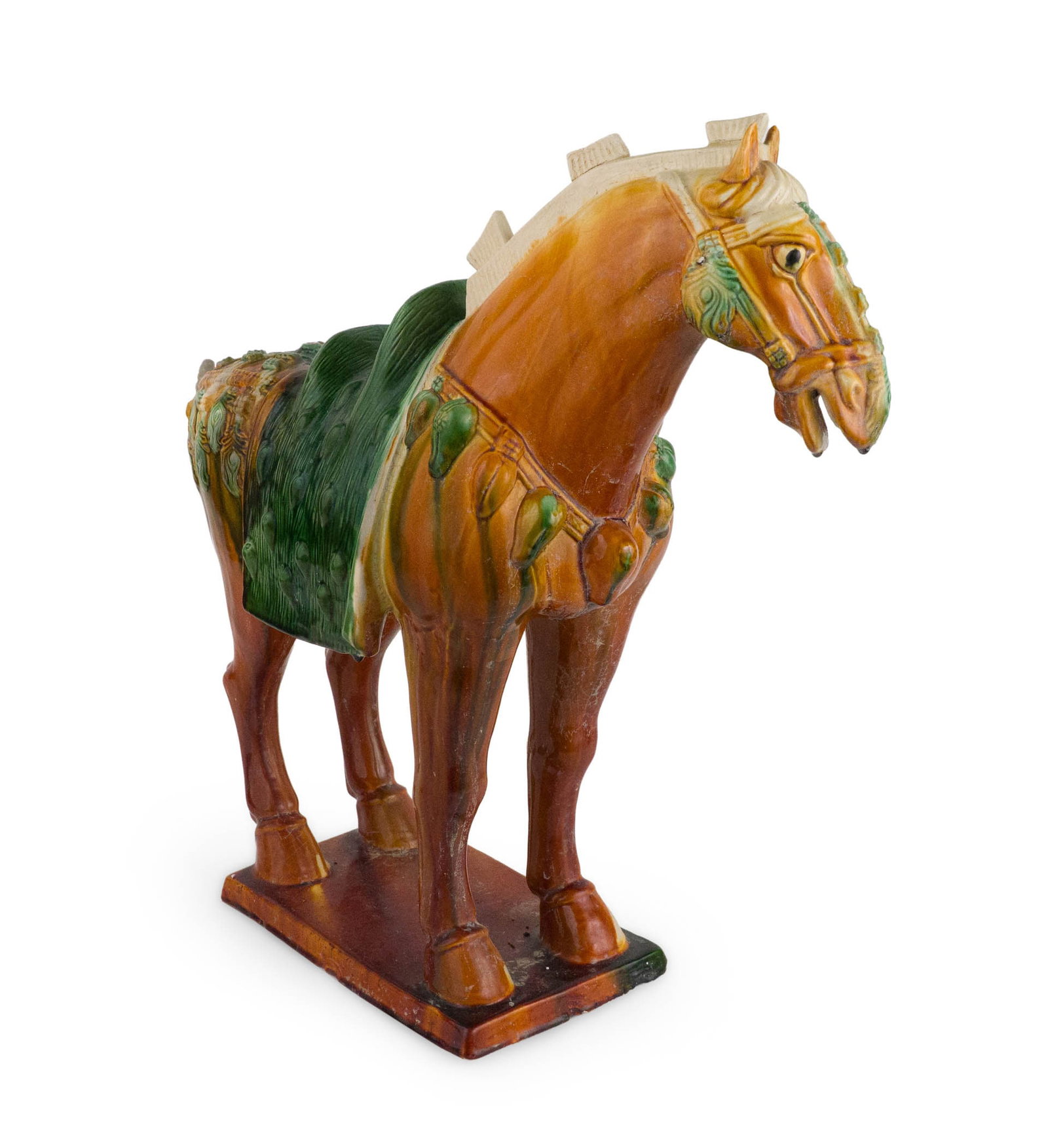 Tang Dynasty Style Sancai Glazed Porcelain Horse: Tang Dynasty Style Sancai Glazed Porcelain Horse Chinese. 20 3/4 x 22 3/4 x 7 1/2 in. (52.7 x 57.8 x 19.1 cm.)