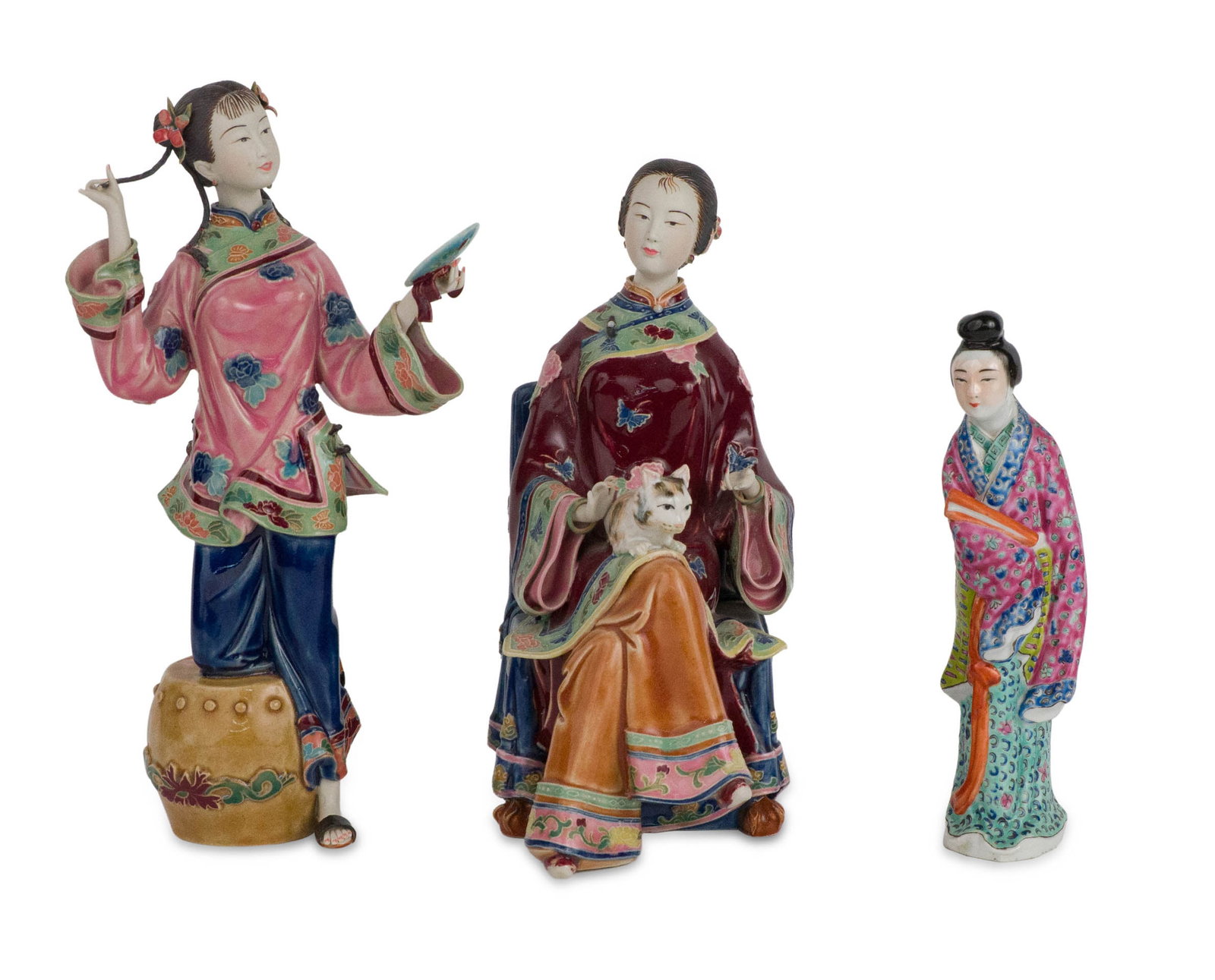 Three Chinese Famille Rose Porcelain Figures of Women: Three Chinese Famille Rose Porcelain Figures of Women 20th C. one seated with cat, one with fan, and one in long robe. Largest: 10 x 4 1/2 x 6 1/4 in. (25.4 x 11.4 x 15.9 cm.)