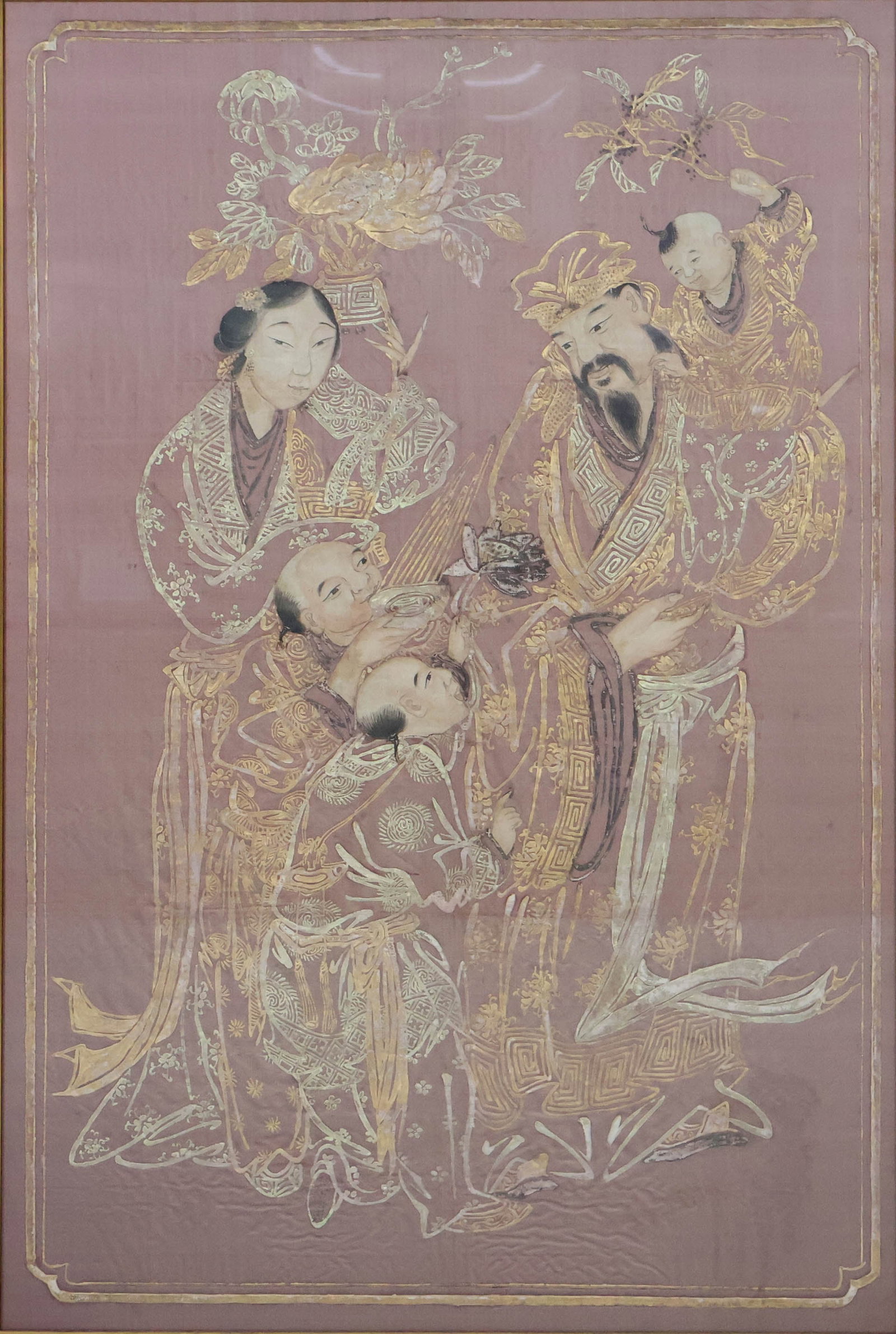 Chinese Painting on Silk of a Family: Chinese Painting on Silk of a Family Depicting, mother, father and three children. Sight: 52 1/2 x 34 in. (133.4 x 86.4 cm.), Frame: 58 x 40 in. (147.3 x 101.6 cm.)