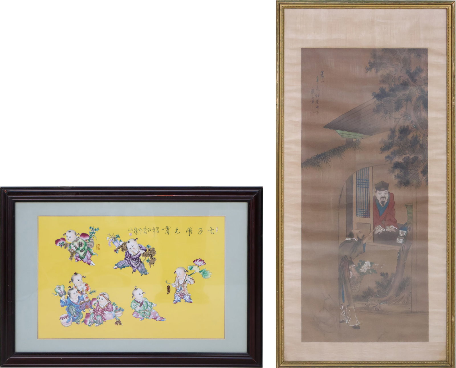 Framed Painted School of Ancient Scholars: Framed Painted School of Ancient Scholars Together with a framed porcelain plaque of seven children celebrating the lantern festival. Largest: 43.74 x 21 1/2 in. (111.1 x 54.6 cm.)