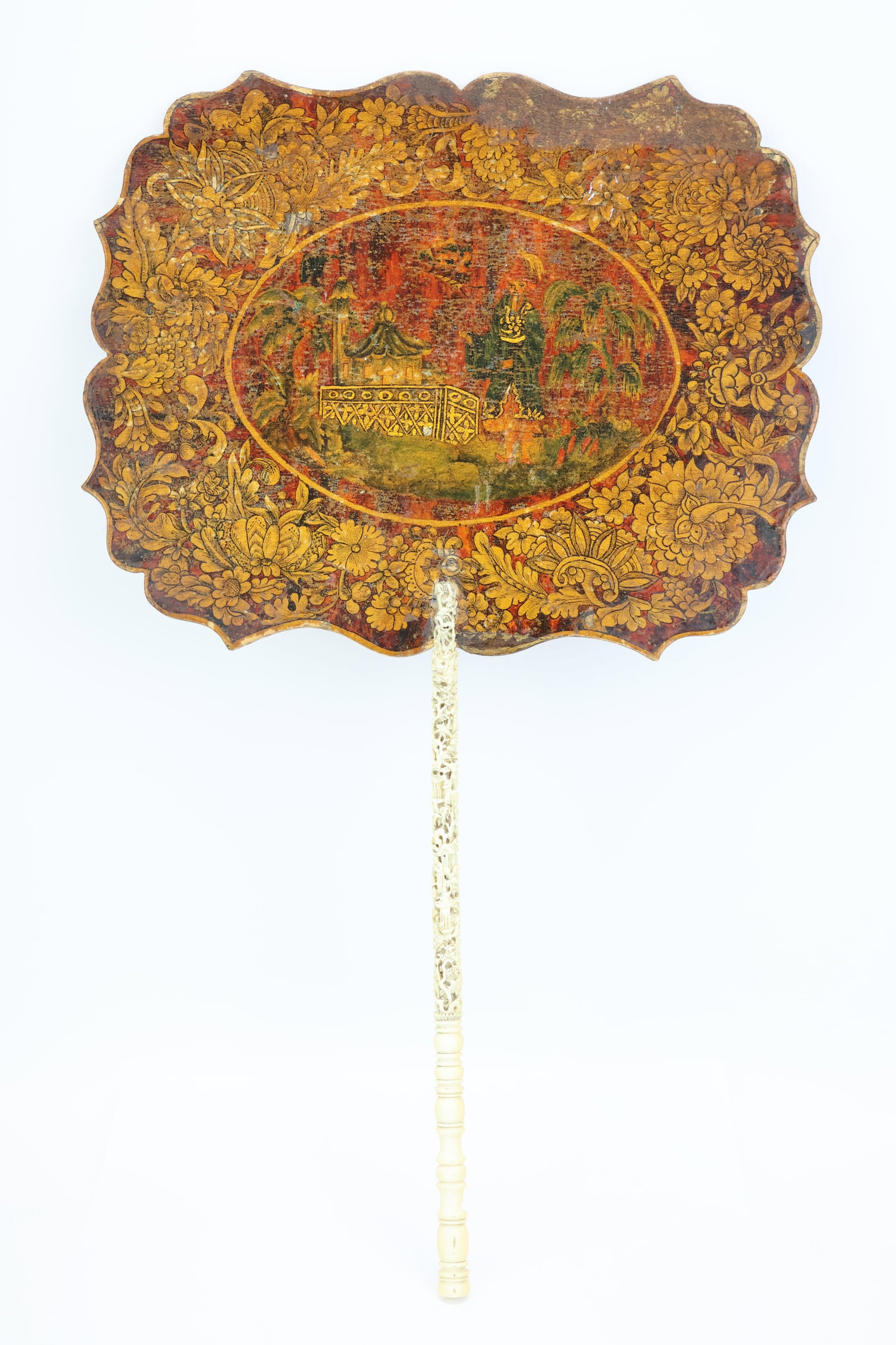 Antique Asian Chinoiserie Decorated Face Screen: Antique Asian Chinoiserie Decorated Face Screen Antique Asian Chinoiserie Decorated Hand Held Face Screen. Having carved bone handle with intrigue tree of life decoration. Used condition, wear, worn,