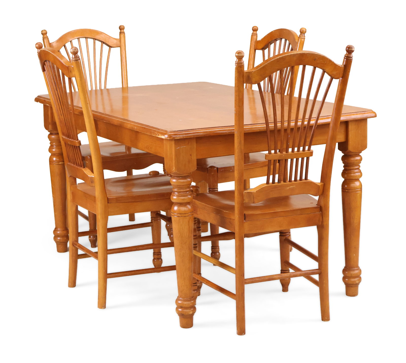 Hardwood Kitchen Table with Four Chairs: Hardwood Kitchen Table with Four Chairs Stamped "Ligo, Made in Thailand" Surface distress and wear. Table: 30 x 58 x 36 in. (76.2 x 147.3 x 91.4 cm.), Chair: 40 1/2 x 17 1/2 x 17 in. (102.9 x 44.5 x