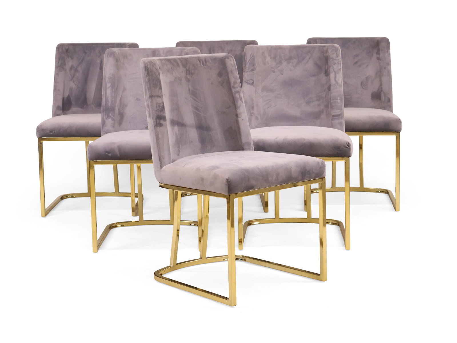 Set of Six Heidi Grey Velvet Dining Chairs: Set of Six Heidi Grey Velvet Dining Chairs Meridian Furniture, 21st C. One with tear. 32 x 19 x 19 in. (81.3 x 48.3 x 48.3 cm.)