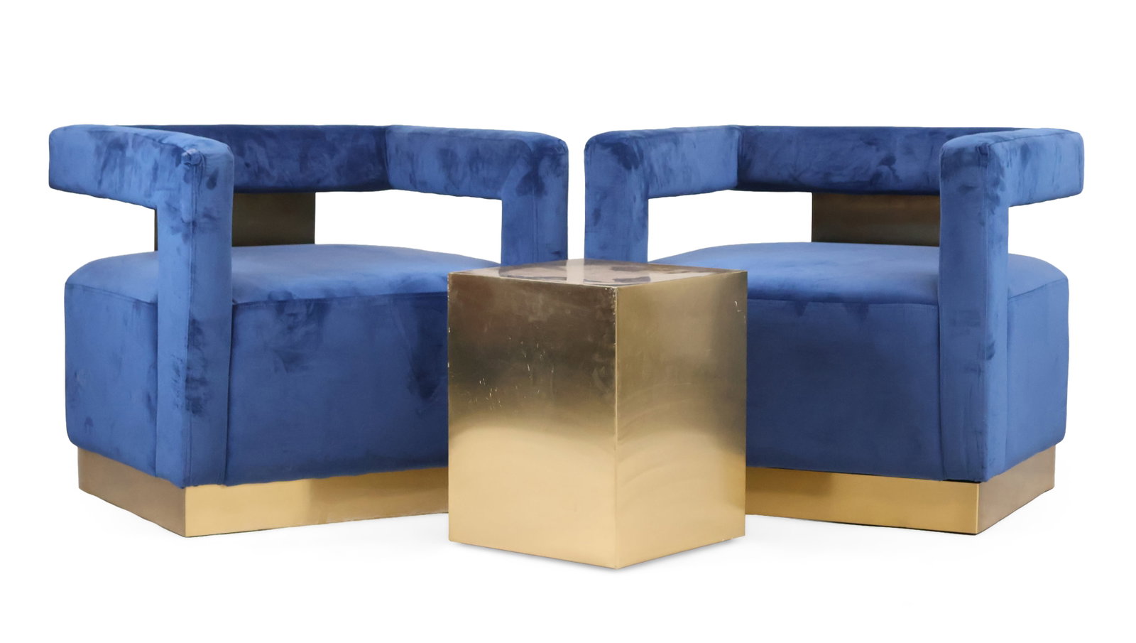 Pair of Meridian Armani Style Blue Velvet and Gold Toned Metal Accent Chairs: Pair of Meridian Armani Style Blue Velvet and Gold Toned Metal Accent Chairs Together with a rectangular brass side table. 3 pieces. Chair 28 x 30 1/2 x 27 in. (71.1 x 77.5 x 68.6 cm.), Table 19 x 14 