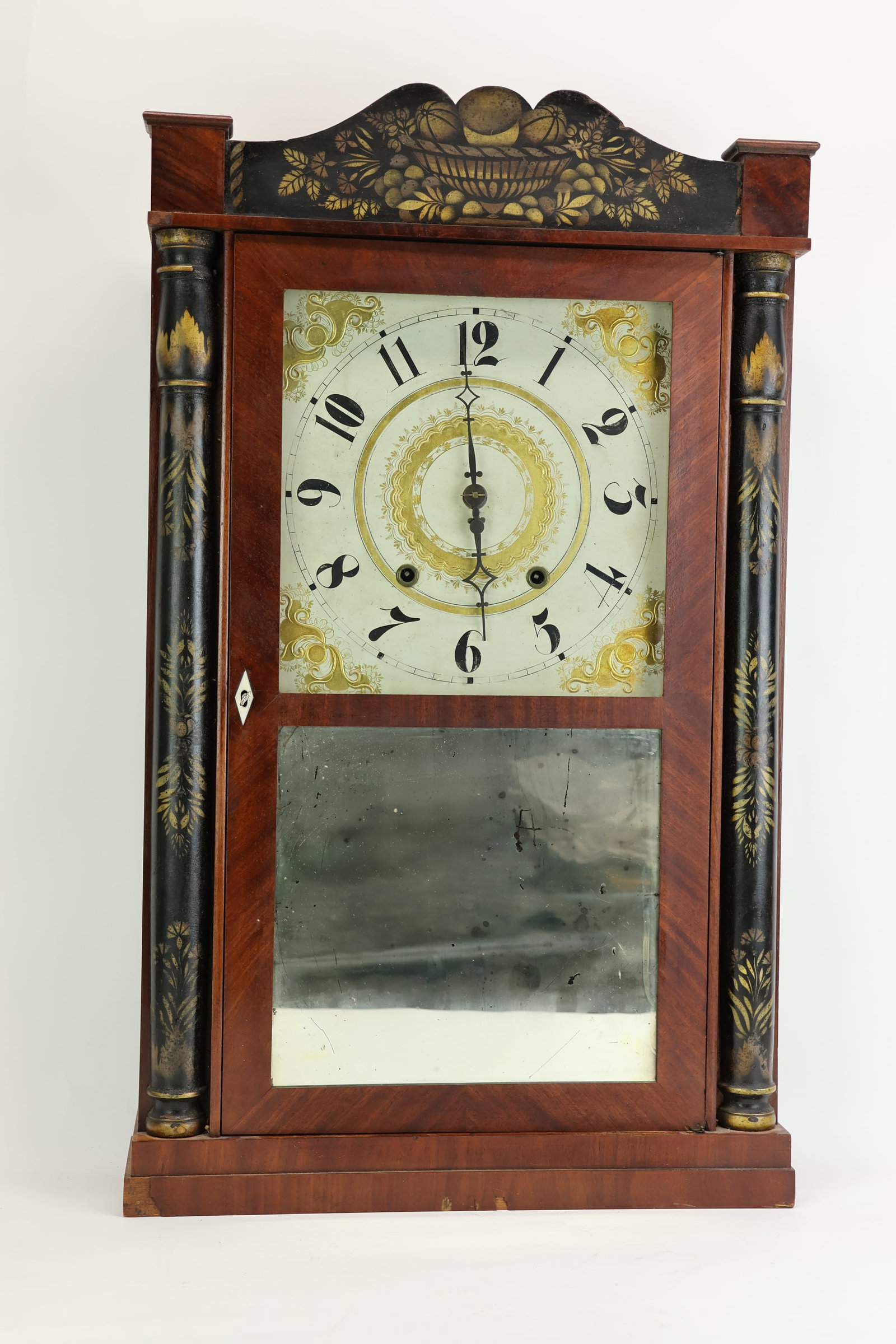 Antique Eli Terry & Son Stencil Decorated Shelf Clock: Antique Eli Terry & Son Stencil Decorated Shelf Clock Antique Eli Terry & Son Stencil Decorated Shelf Clock; Used unknown working condition, losses to veneer, wear, worn; 29 5/8"h x 17 1/2"w x 4"d