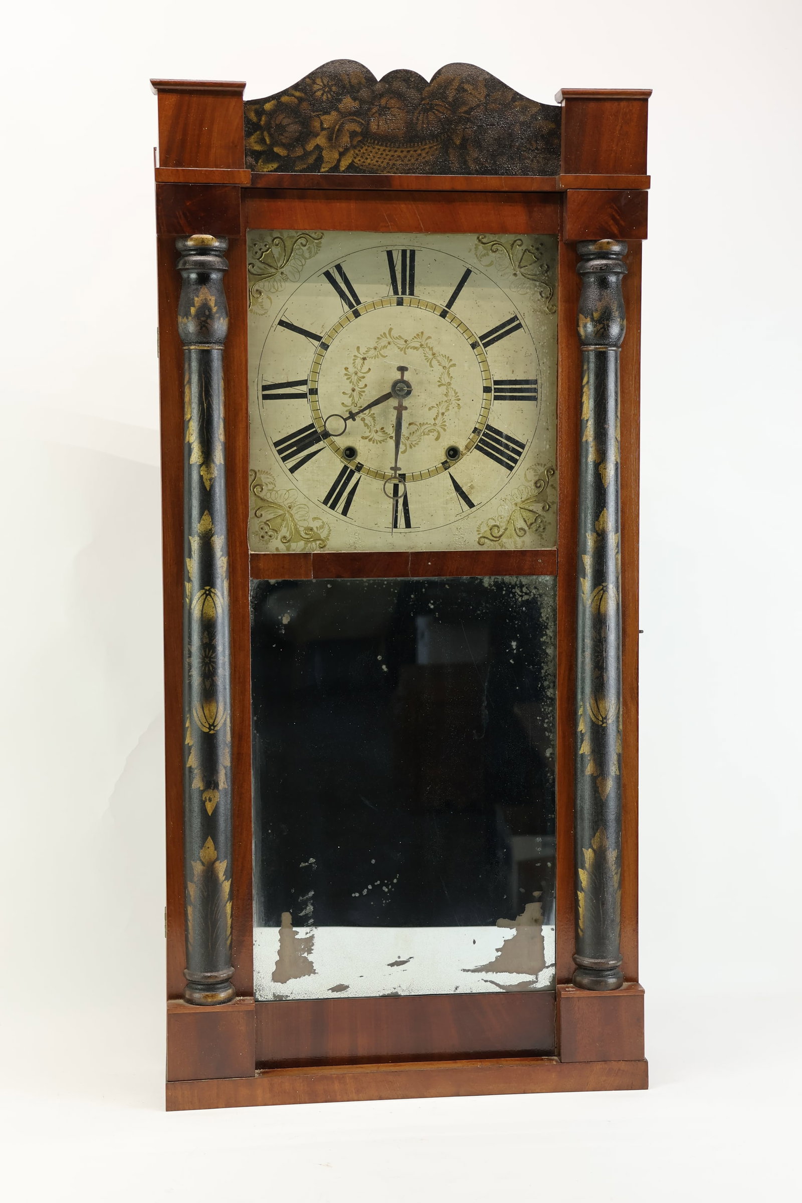 Antique Samuel Terry Stencil Decorated Shelf Clock: Antique Samuel Terry Stencil Decorated Shelf Clock Antique Samuel Terry, Bristol, CT Stencil Decorated Shelf Clock, with weights; Used unknown working condition, wear, worn, mirror flaking, cracks to