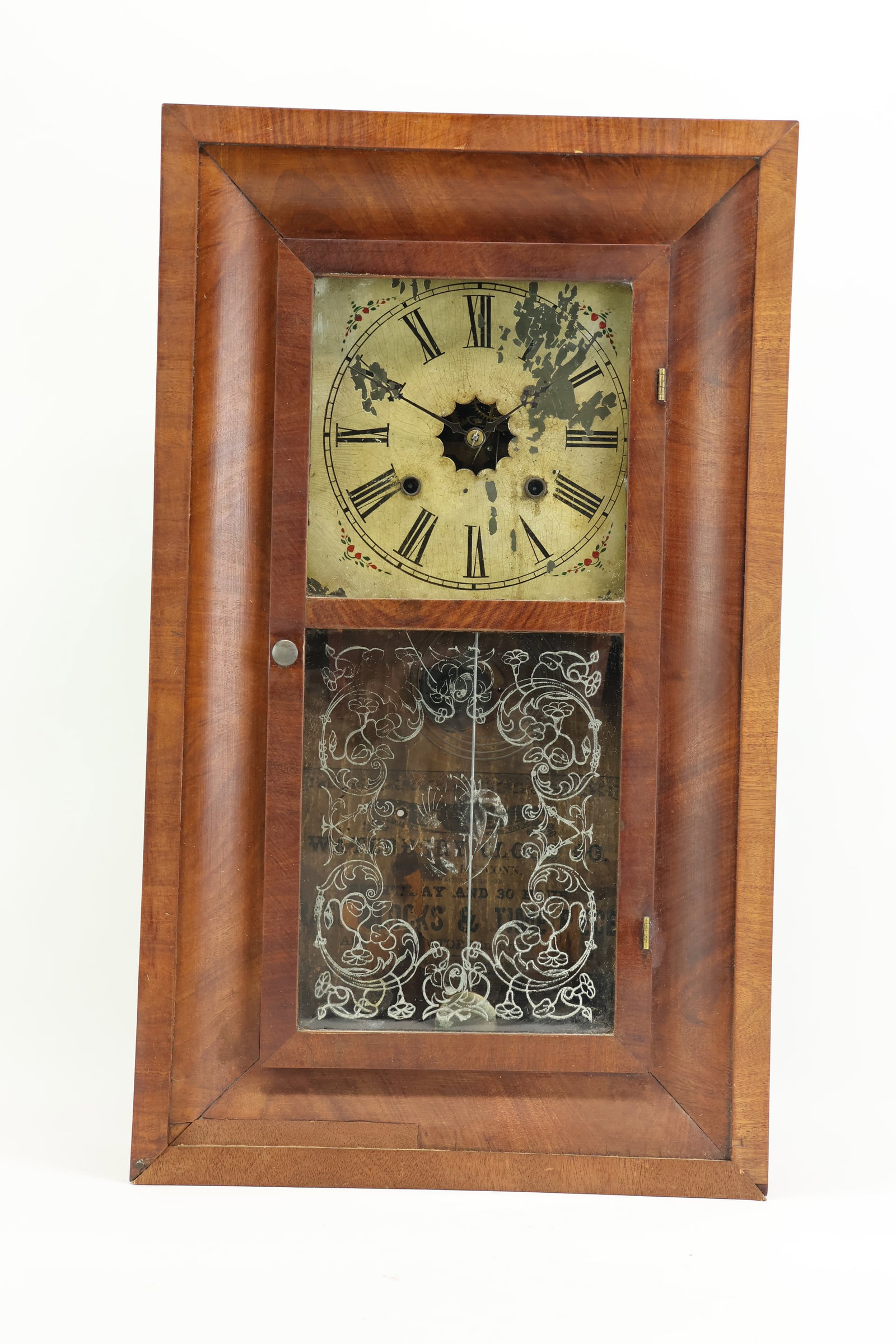 Antique Waterbury Shelf Clock: Antique Waterbury Shelf Clock Antique Waterbury Shelf Clock, in ogee case, with weights; Used unknown working condition, wear, worn, losses; 25 1/2"h x 15"w x 4"d