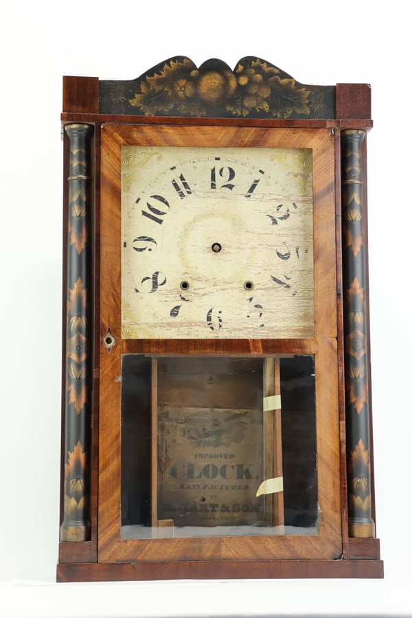 Antique H. Hart & Son, Goshen, CT Shelf Clock: Antique H. Hart & Son, Goshen, CT Shelf Clock Antique H. Hart & Son, Goshen, CT Shelf Clock, having stencil decoration, with weights; Used condition, used not working condition, wear, worn; 28 1/2"h