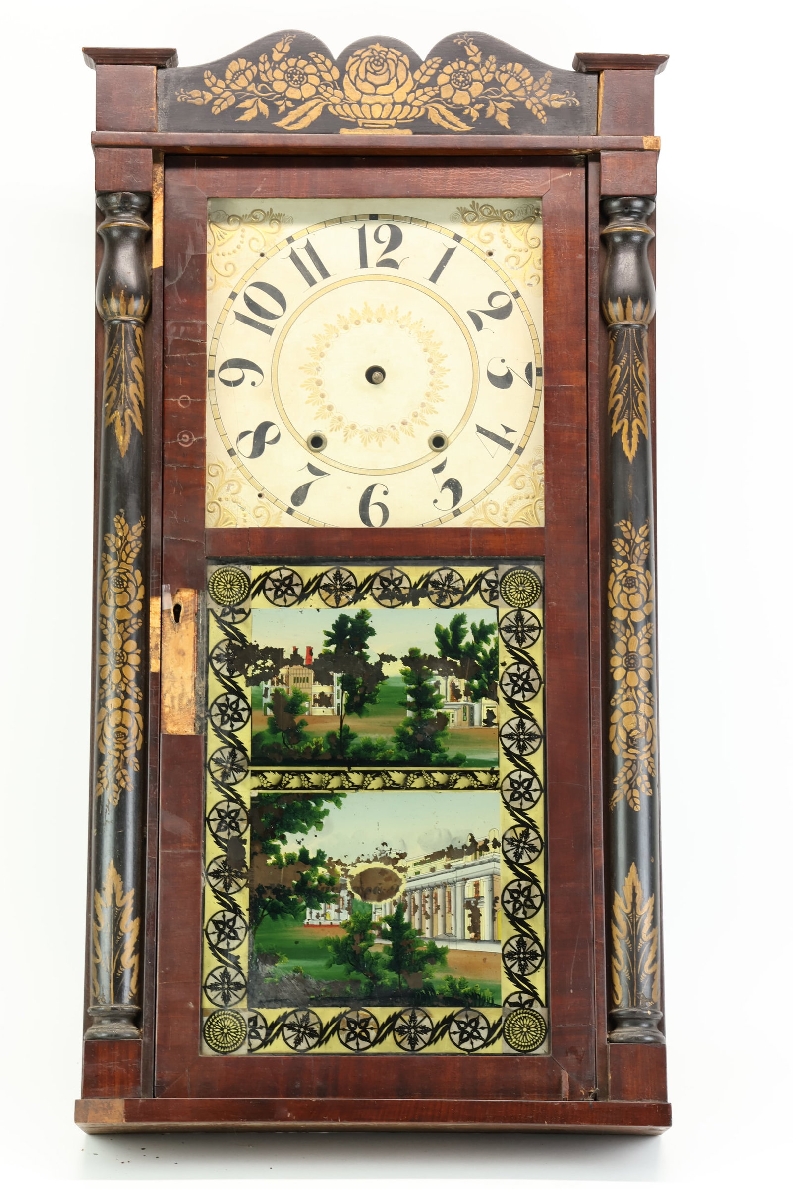 Antique Stencil Decorated Pillar and Splat Shelf Clock: Antique Stencil Decorated Pillar and Splat Shelf Clock Antique Stencil Decorated Shelf Clock, with eglomise panel depicting homes and landscapes, with weights. Together with a group of assorted clock